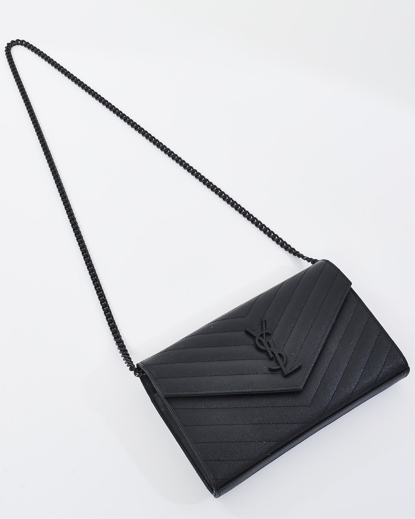 Saint Laurent Black on Black Grain de Poudre Leather Monogram Cassandre Wallet on Chain Bag