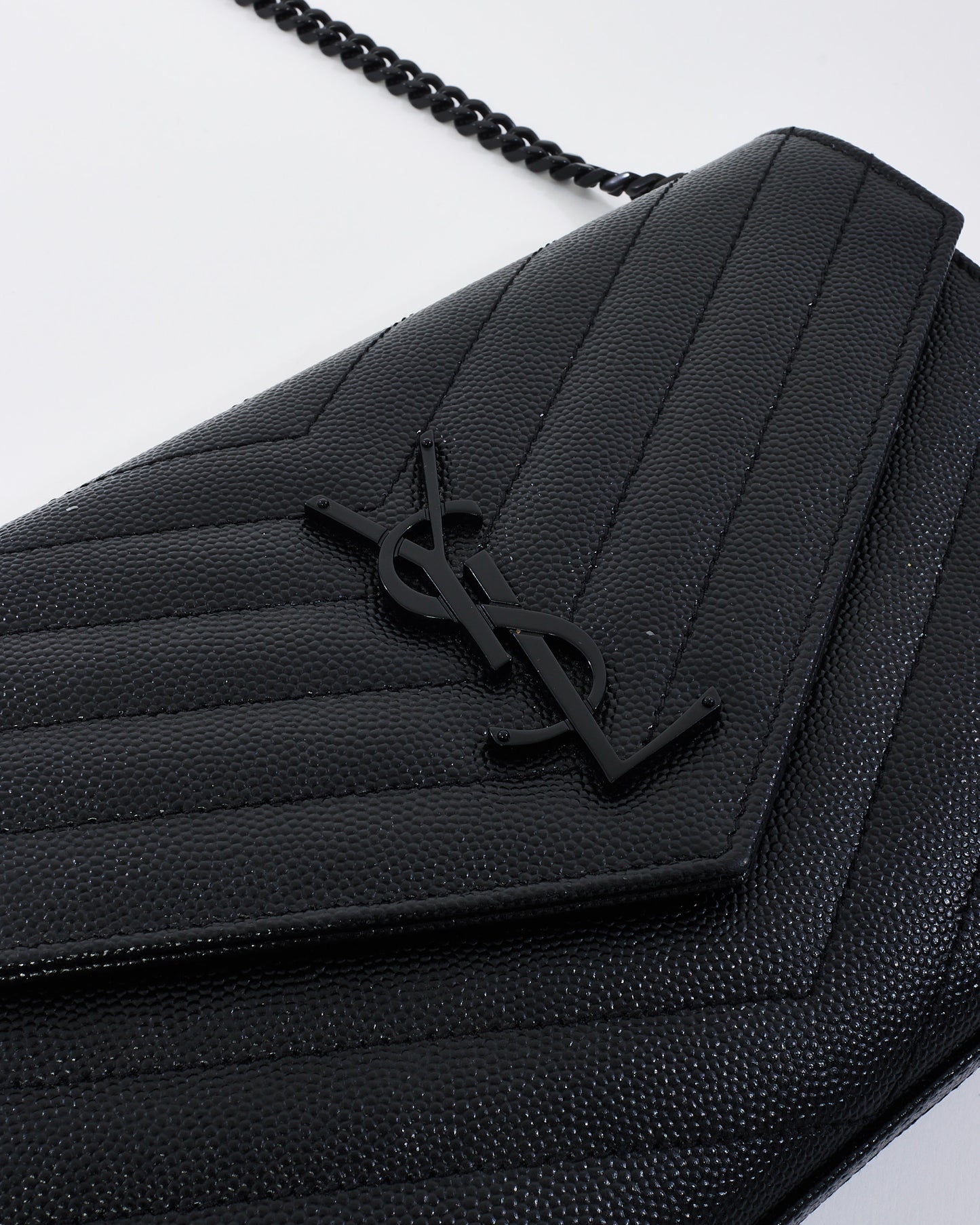 Saint Laurent Black on Black Grain de Poudre Leather Monogram Cassandre Wallet on Chain Bag