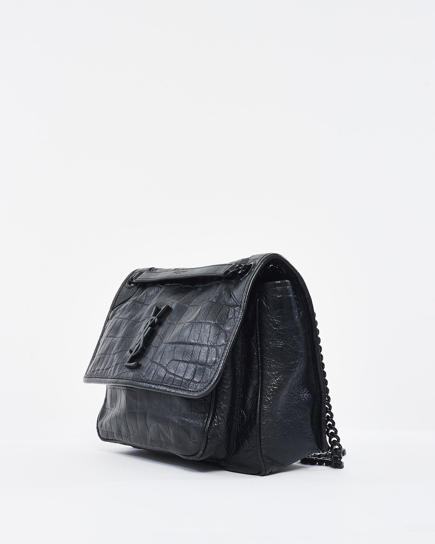 Saint Laurent Black Matte Croc Embossed Nikki Medium Shoulder Bag