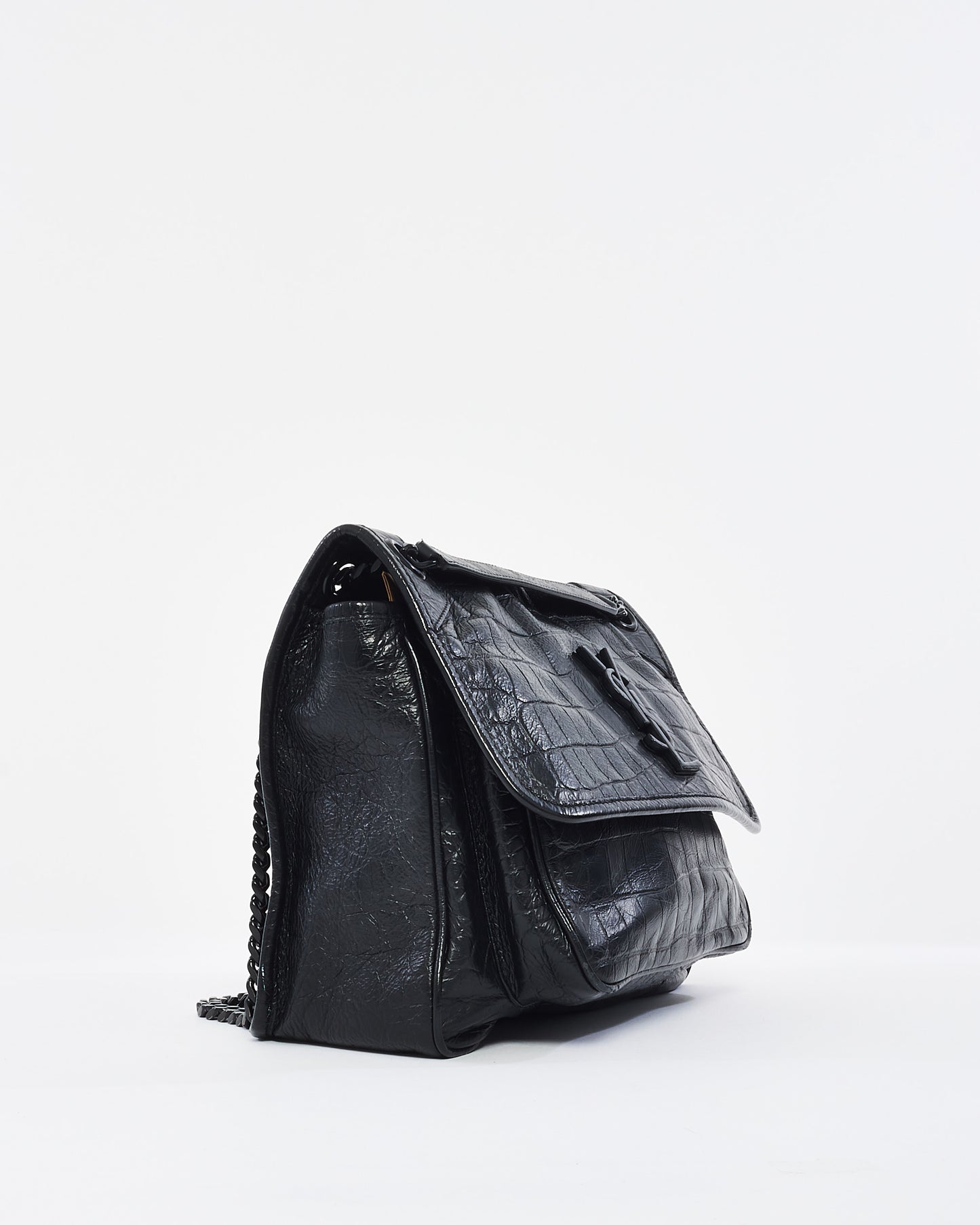 Saint Laurent Black Matte Croc Embossed Nikki Medium Shoulder Bag