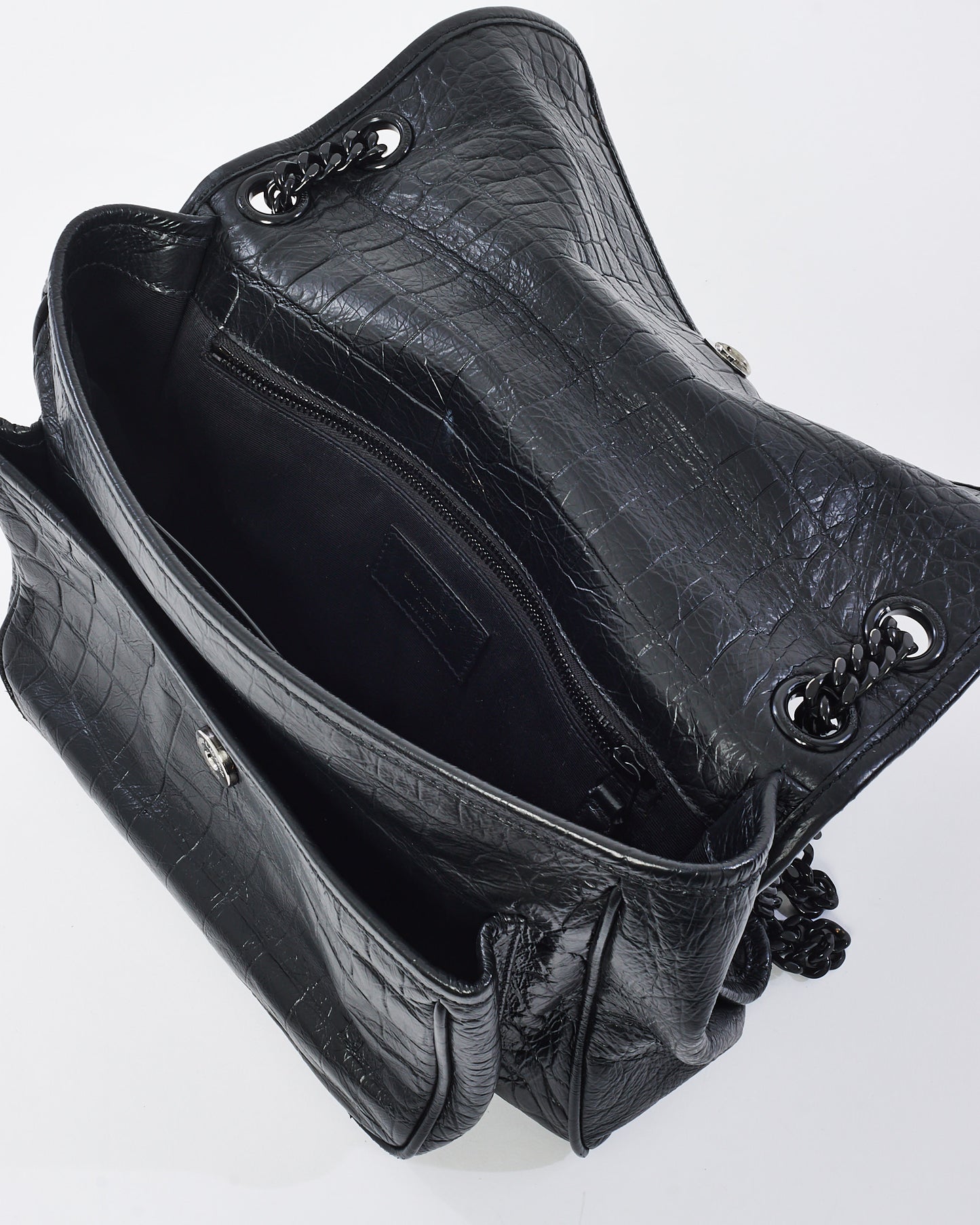 Saint Laurent Black Matte Croc Embossed Nikki Medium Shoulder Bag