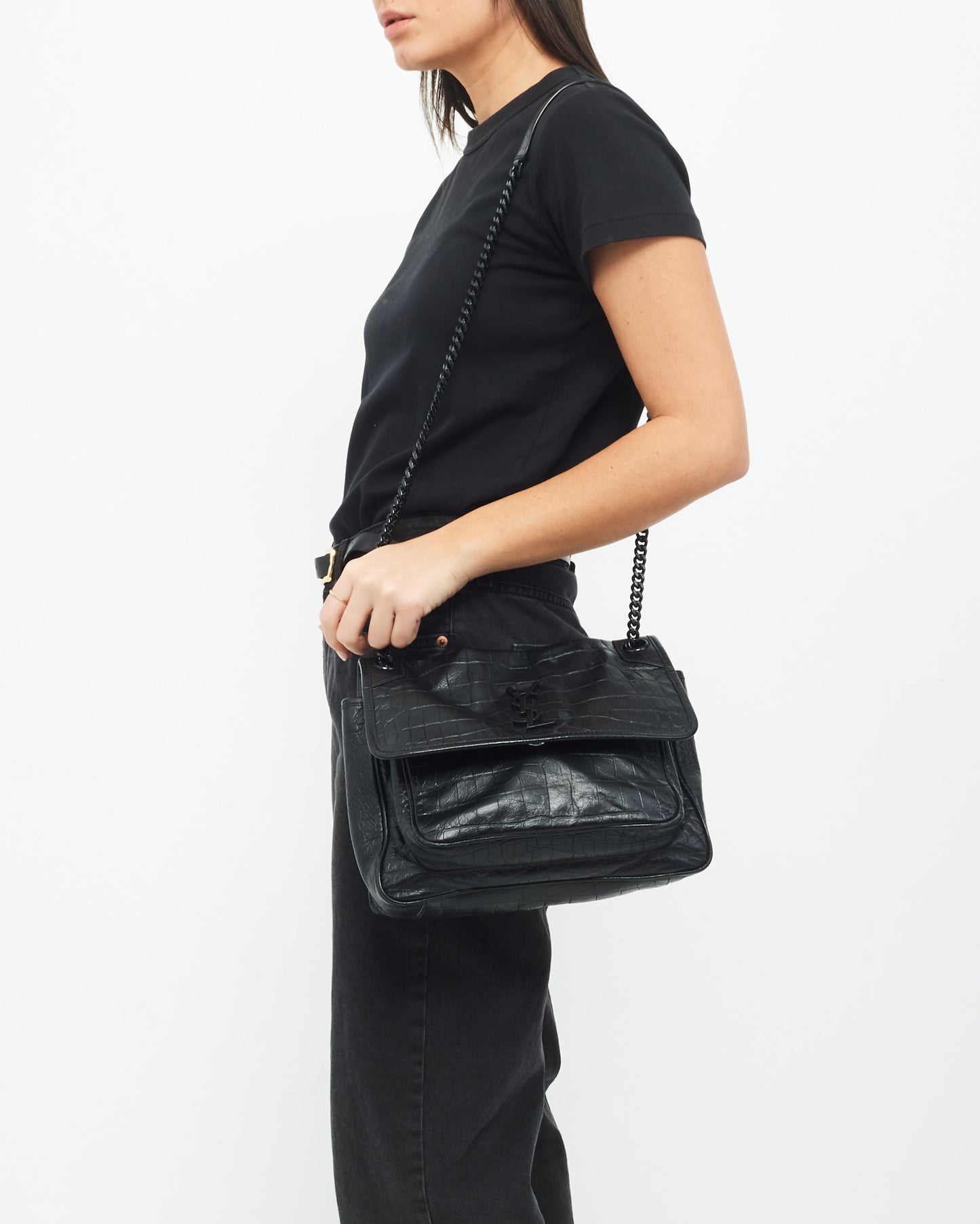 Saint Laurent Black Matte Croc Embossed Nikki Medium Shoulder Bag