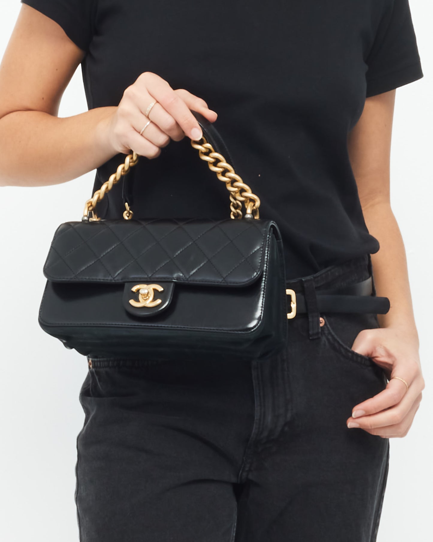 Chanel Black Quilted Calfskin Leather Straight Lined Flap Bag