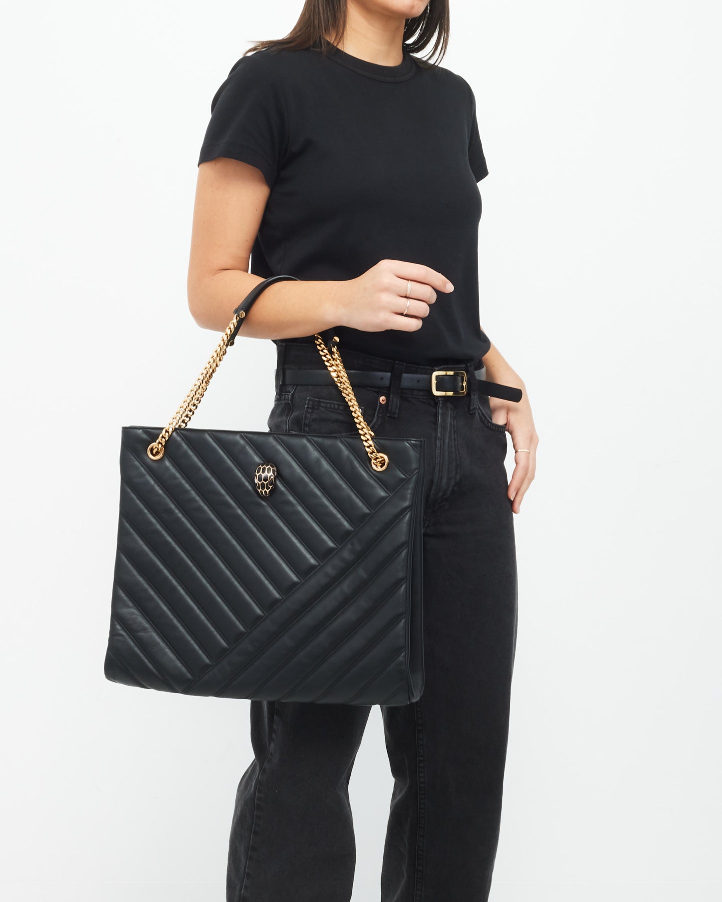 Bulgari Black Leather Serpenti Cabochon Tote Bag