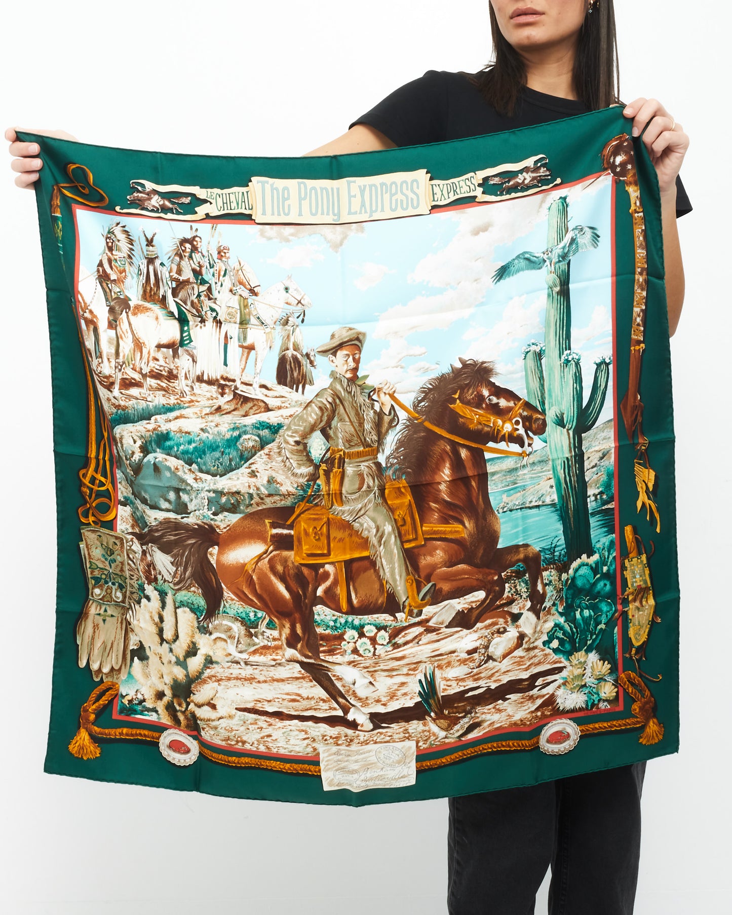 Hermès Green Blue Multi "The Pony Express" Silk Scarf