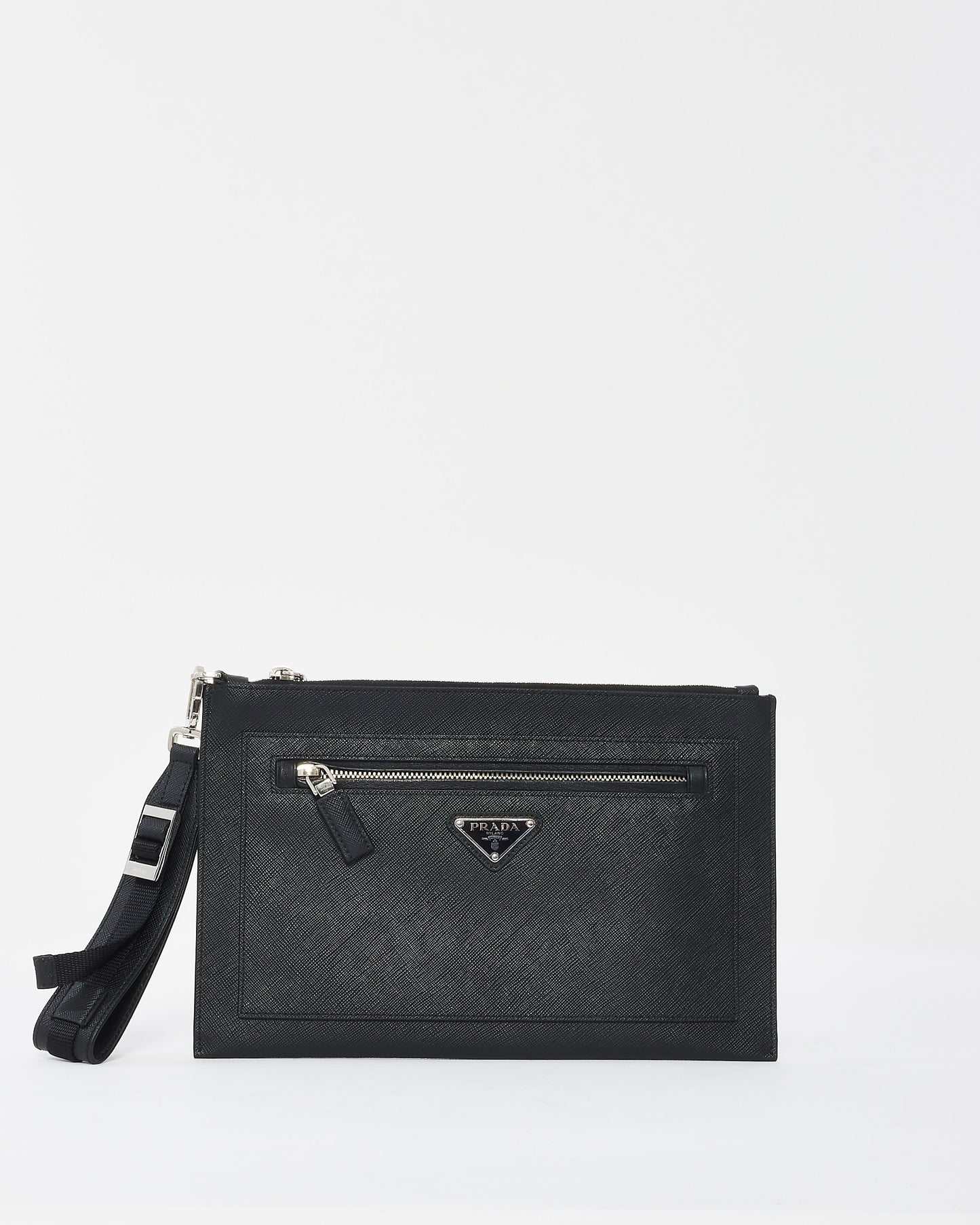 Pochette à poignet avec logo en cuir Saffiano noir Prada