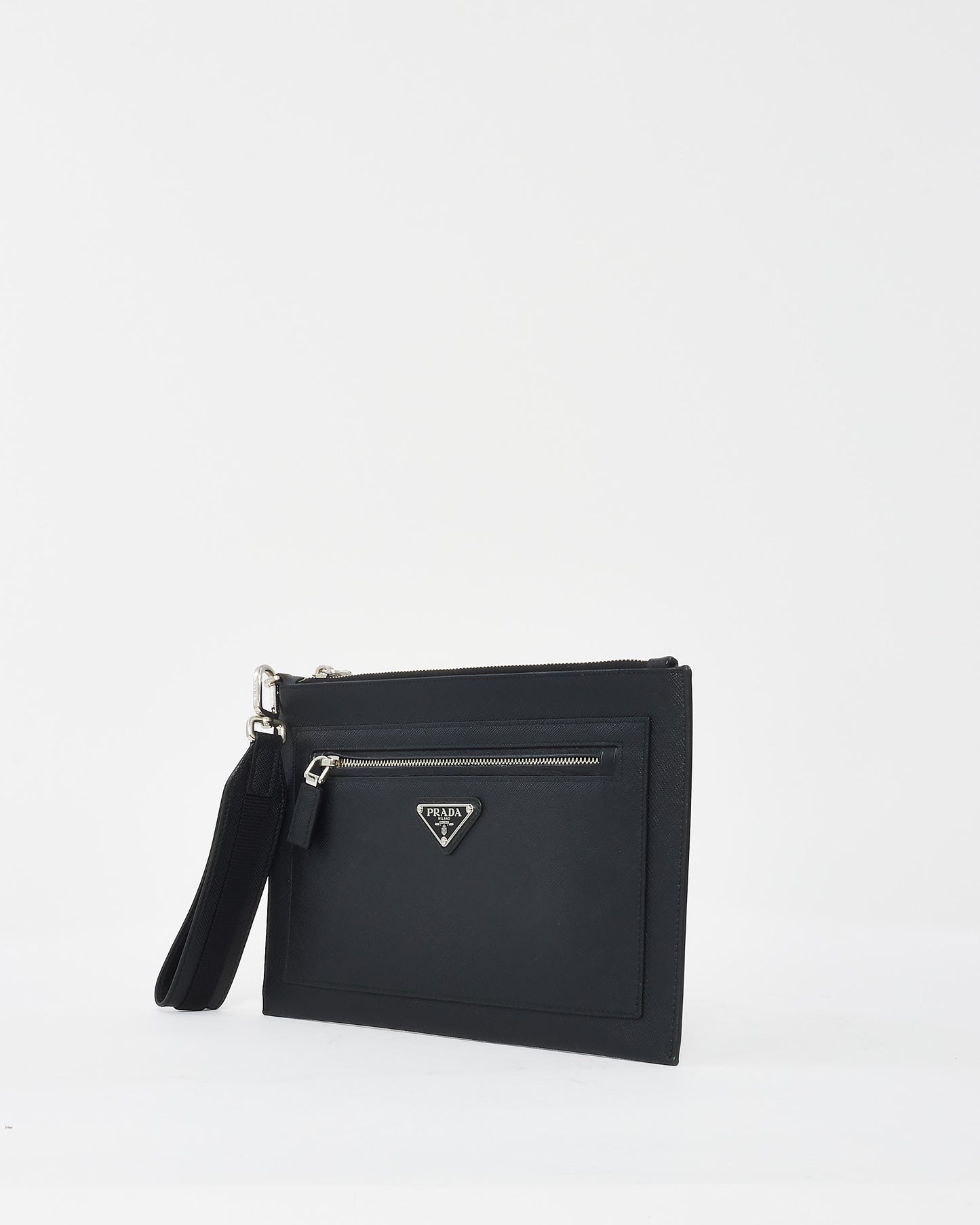 Pochette à poignet avec logo en cuir Saffiano noir Prada