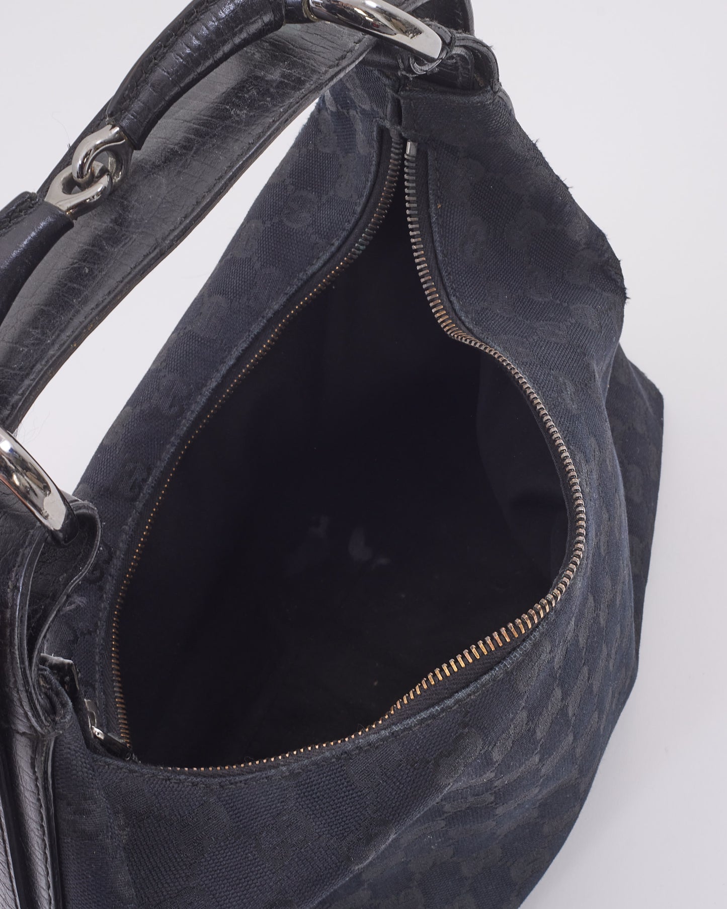 Gucci Black GG Canvas Medium Horsebit Hobo Bag