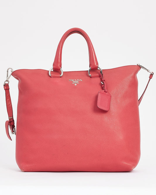 Prada Rose Red Leather Daino Large Convertible Tote Bag