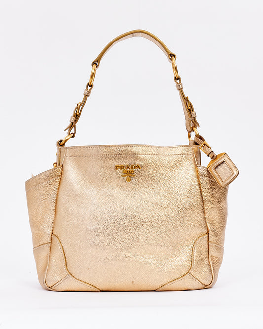 Prada Gold Metallic Daino Leather Hobo Shoulder Bag