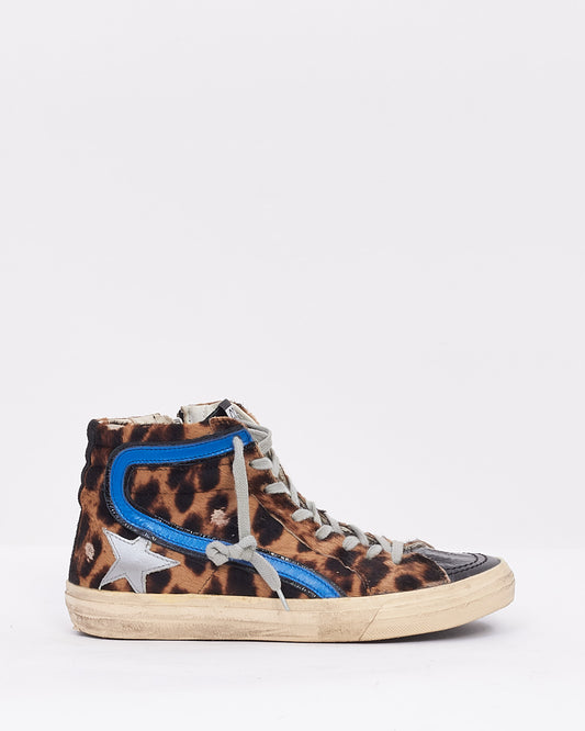 Golden Goose Brown Pony Hair Cheetah Print High Top Sneakers - 39