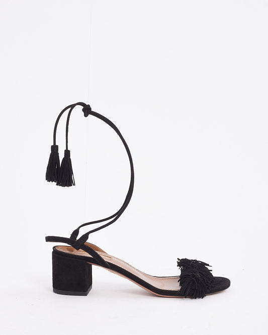 Aquazzura Black Suede Fringe Sandals -36.5