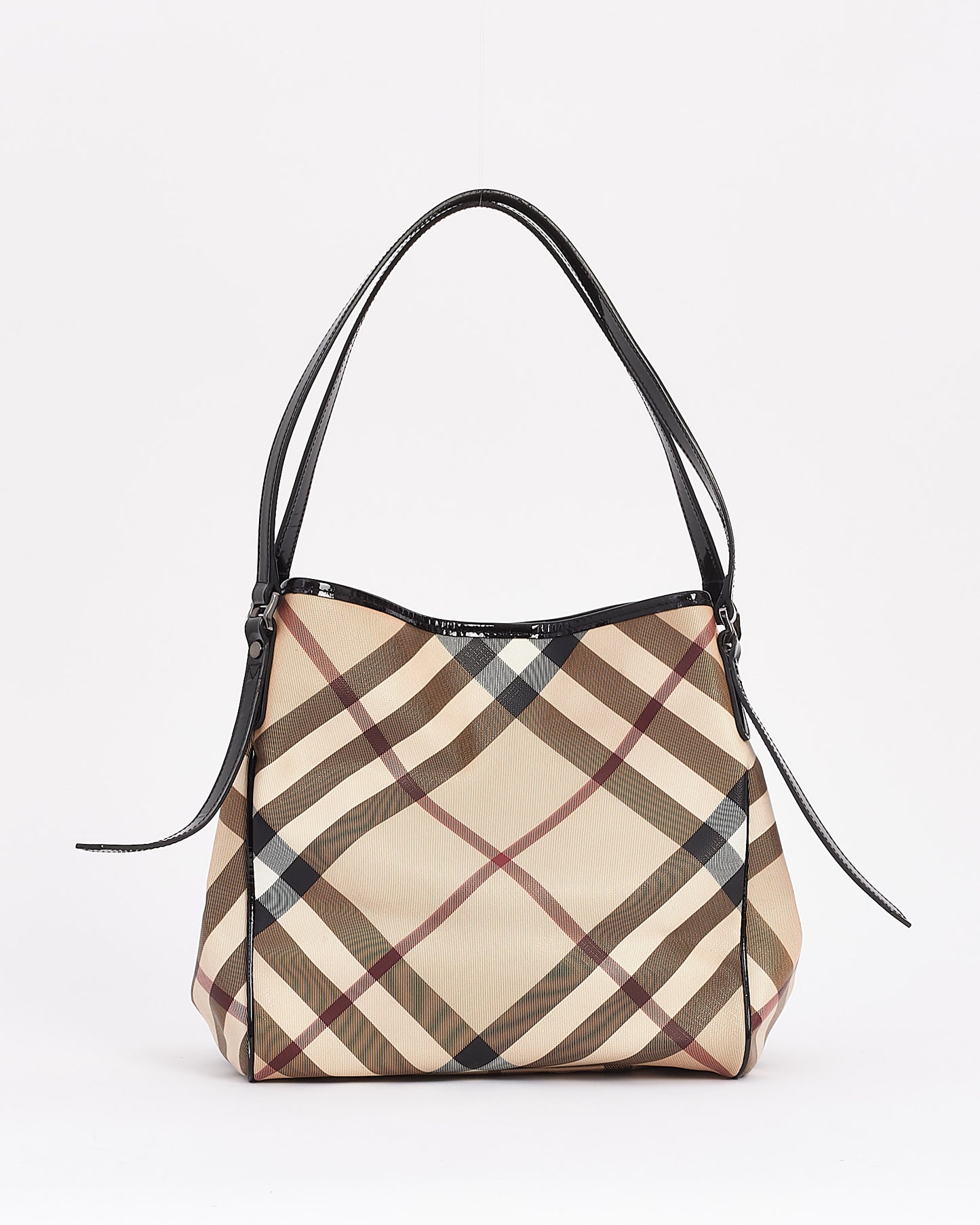 Burberry Sac à bandoulière en toile et cuir verni beige à imprimé carreaux