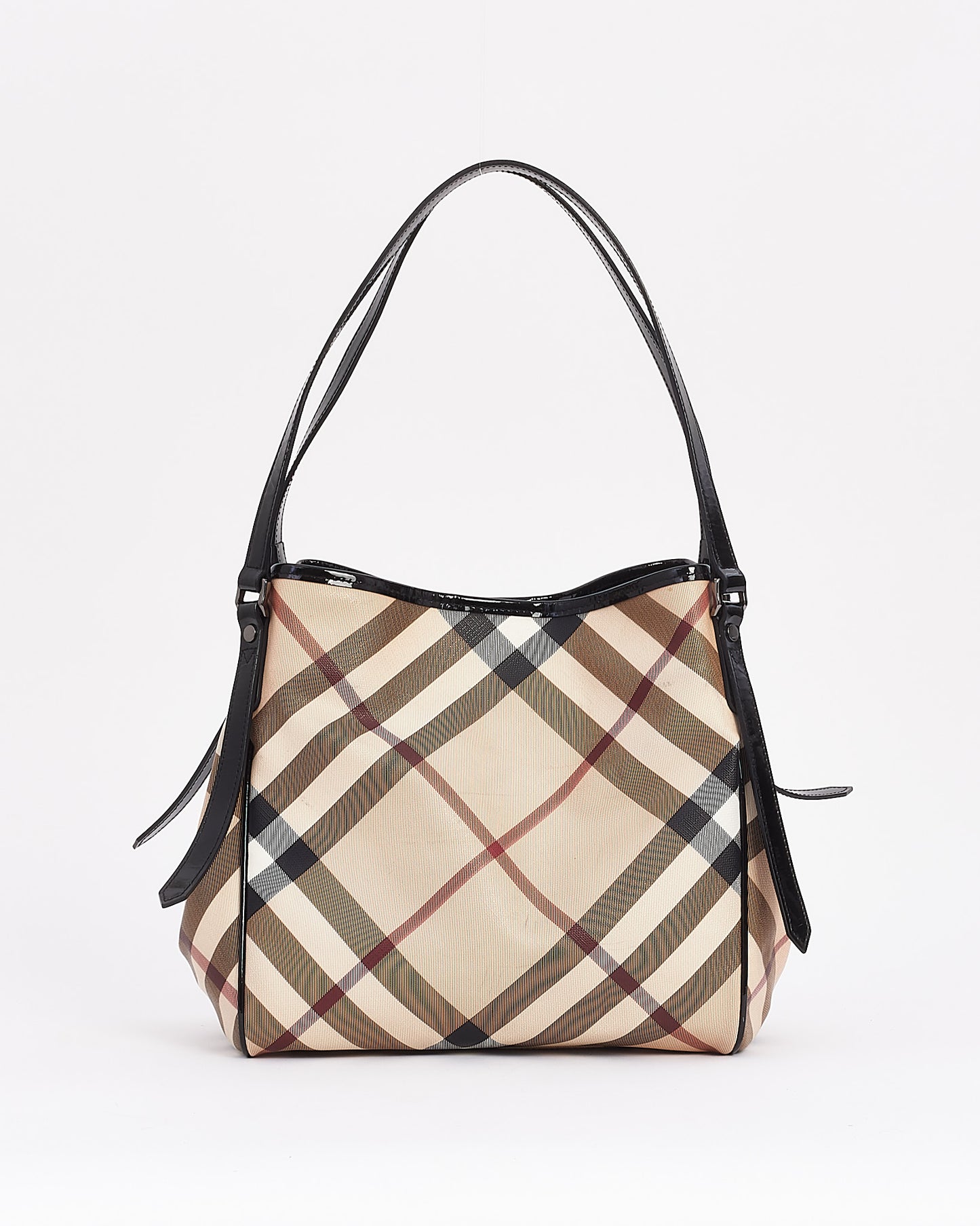 Burberry Sac à bandoulière en toile et cuir verni beige à imprimé carreaux