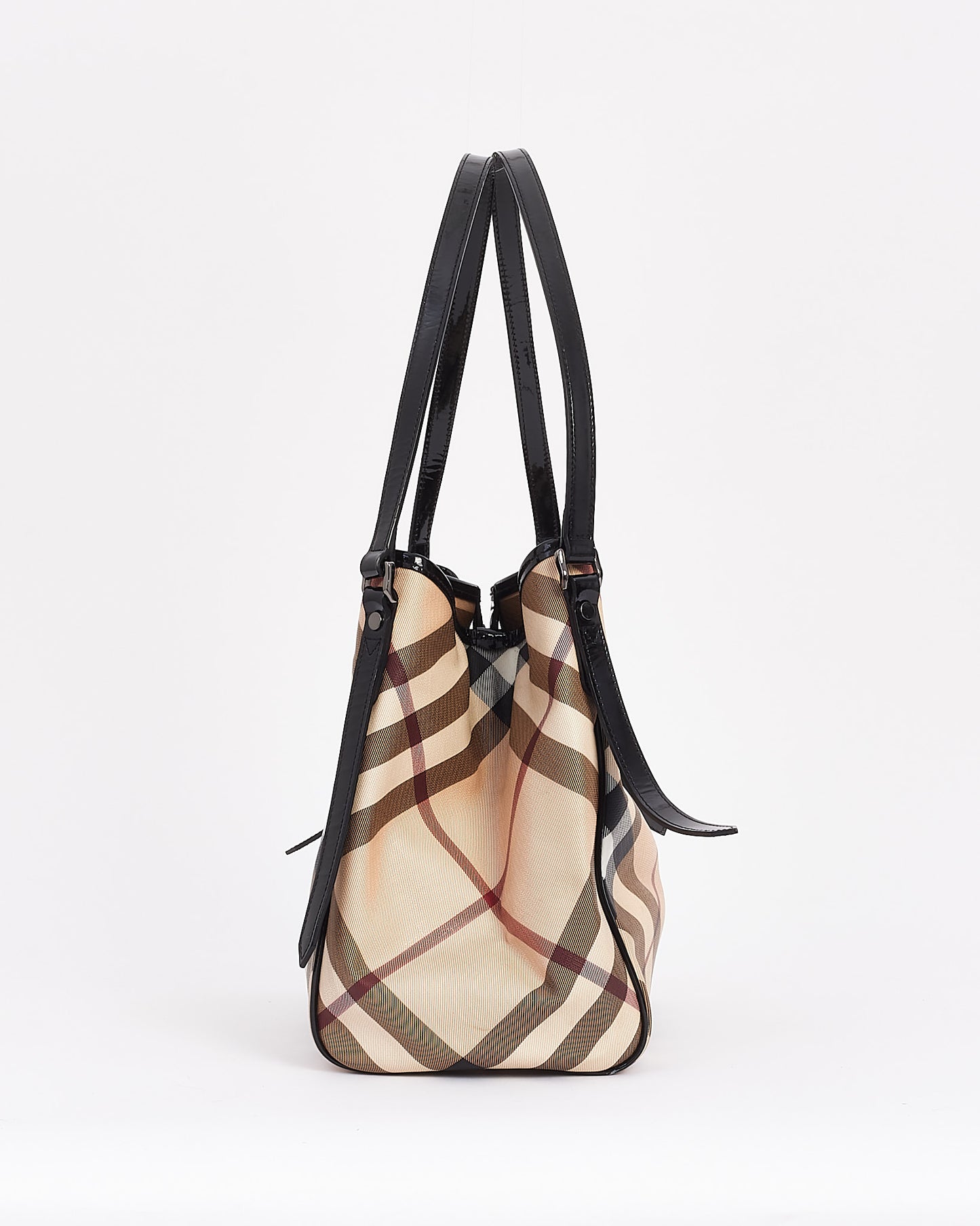 Burberry Sac à bandoulière en toile et cuir verni beige à imprimé carreaux