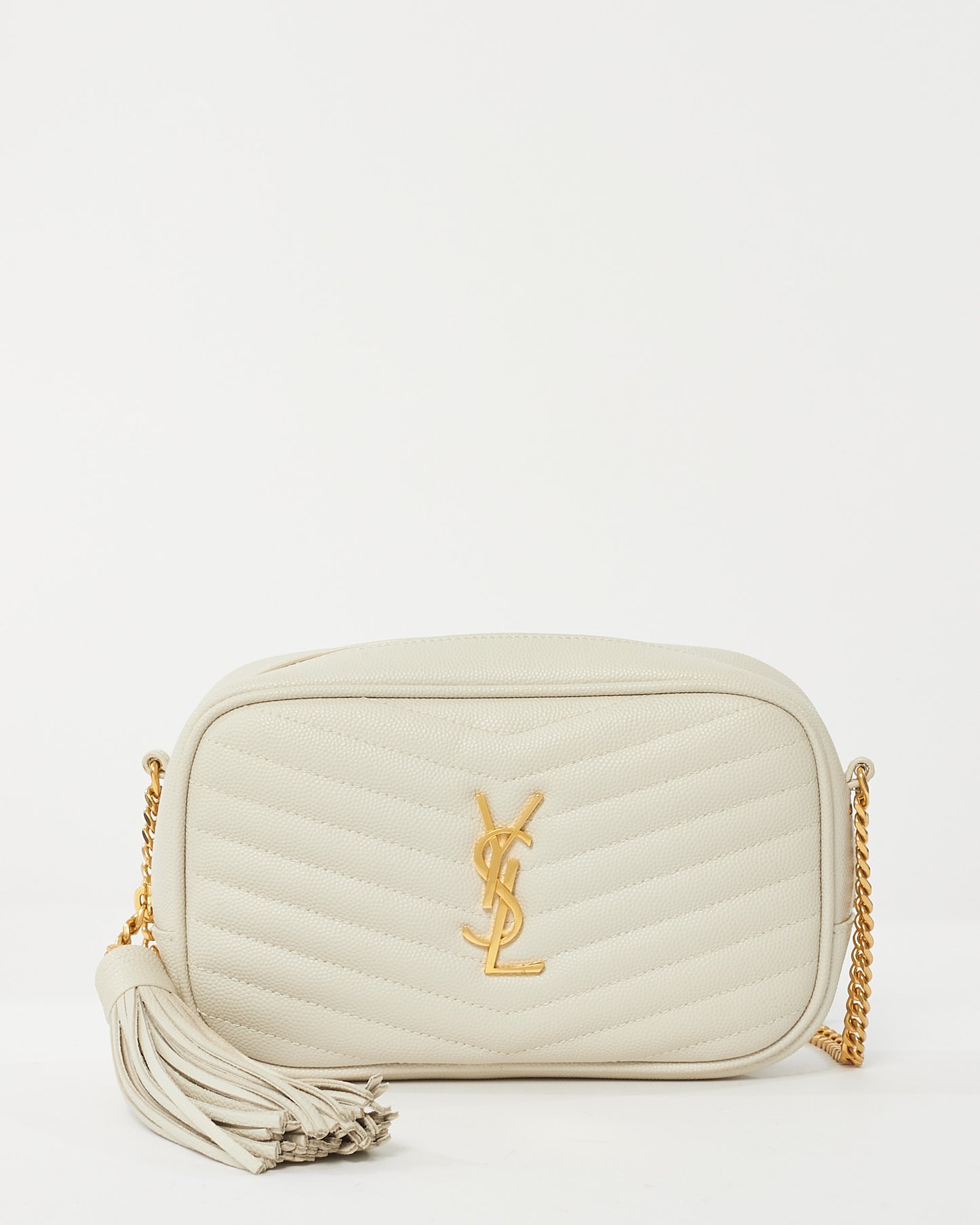 Saint Laurent White Grained De Poudre Embossed Leather Mini Lou Camera Bag