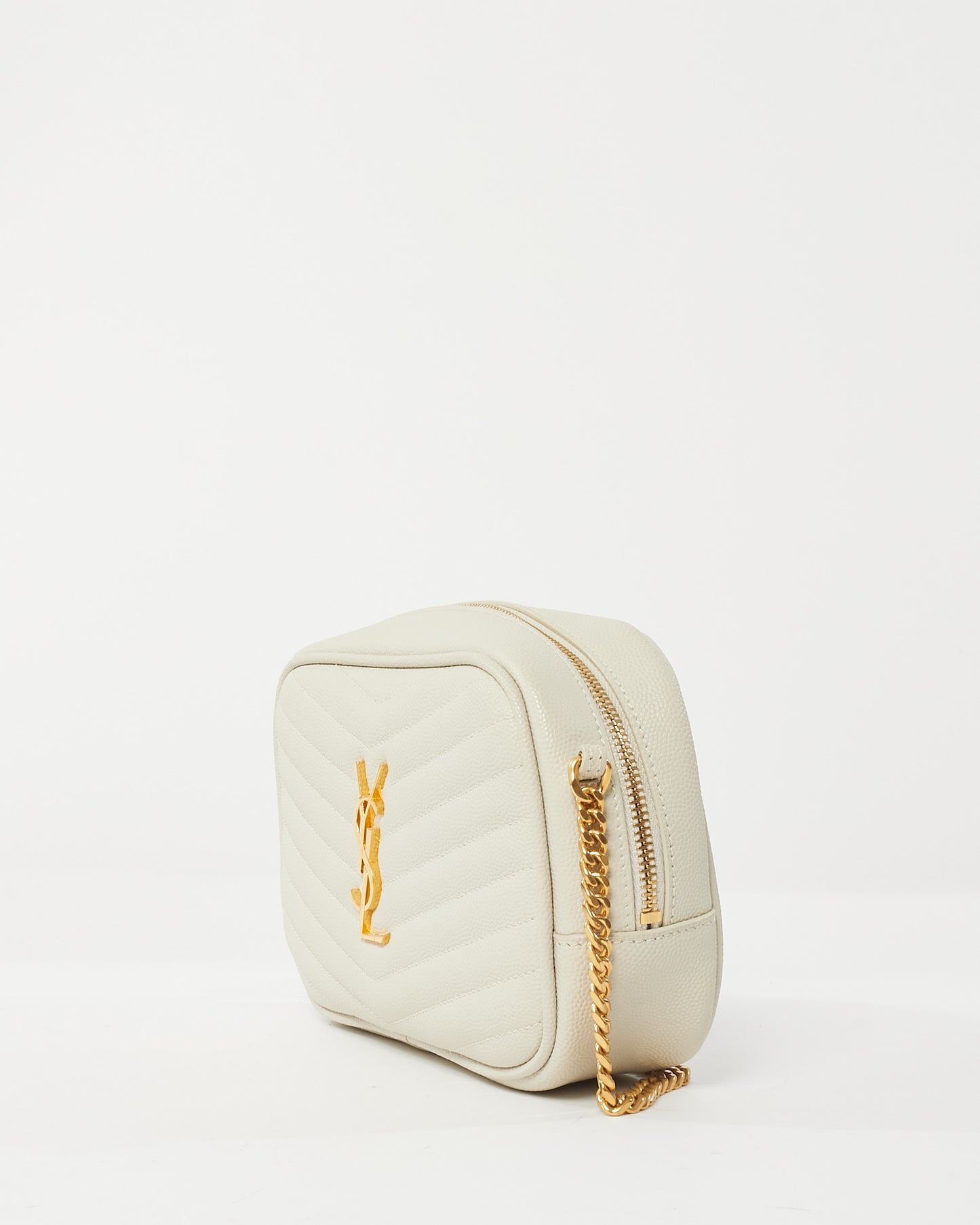 Saint Laurent White Grained De Poudre Embossed Leather Mini Lou Camera Bag