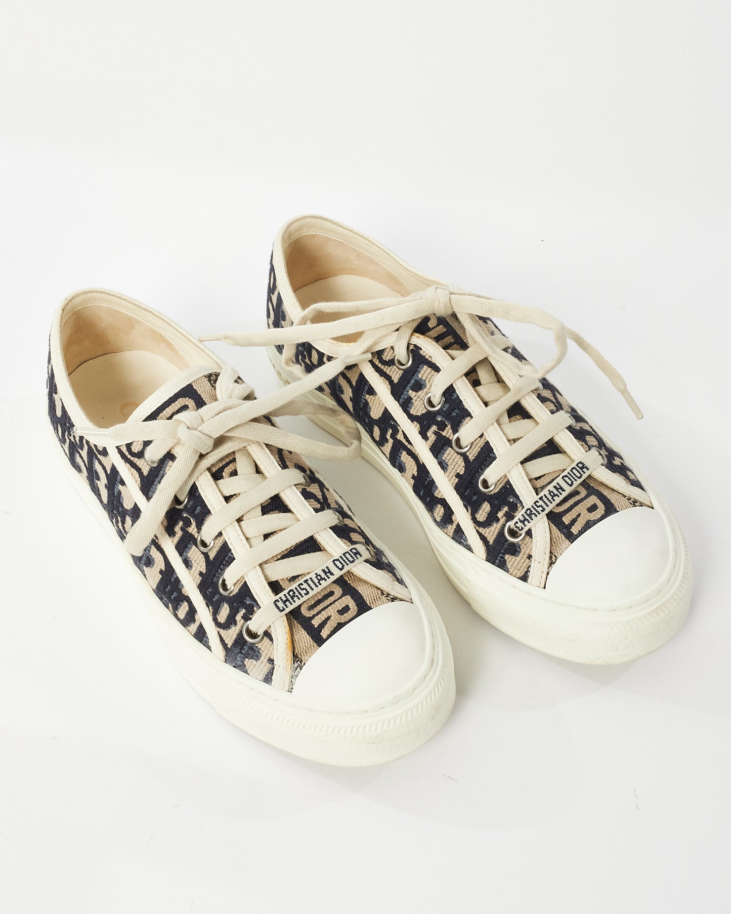 Dior Cream & Navy Monogram Oblique Canvas Walk'N'Dior Low Top Sneakers - 37