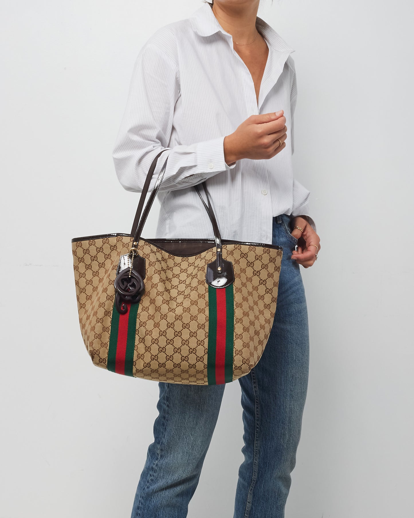 Gucci Beige & Brown GG Monogram Canvas Ophidia Shopping Tote w/ Charms