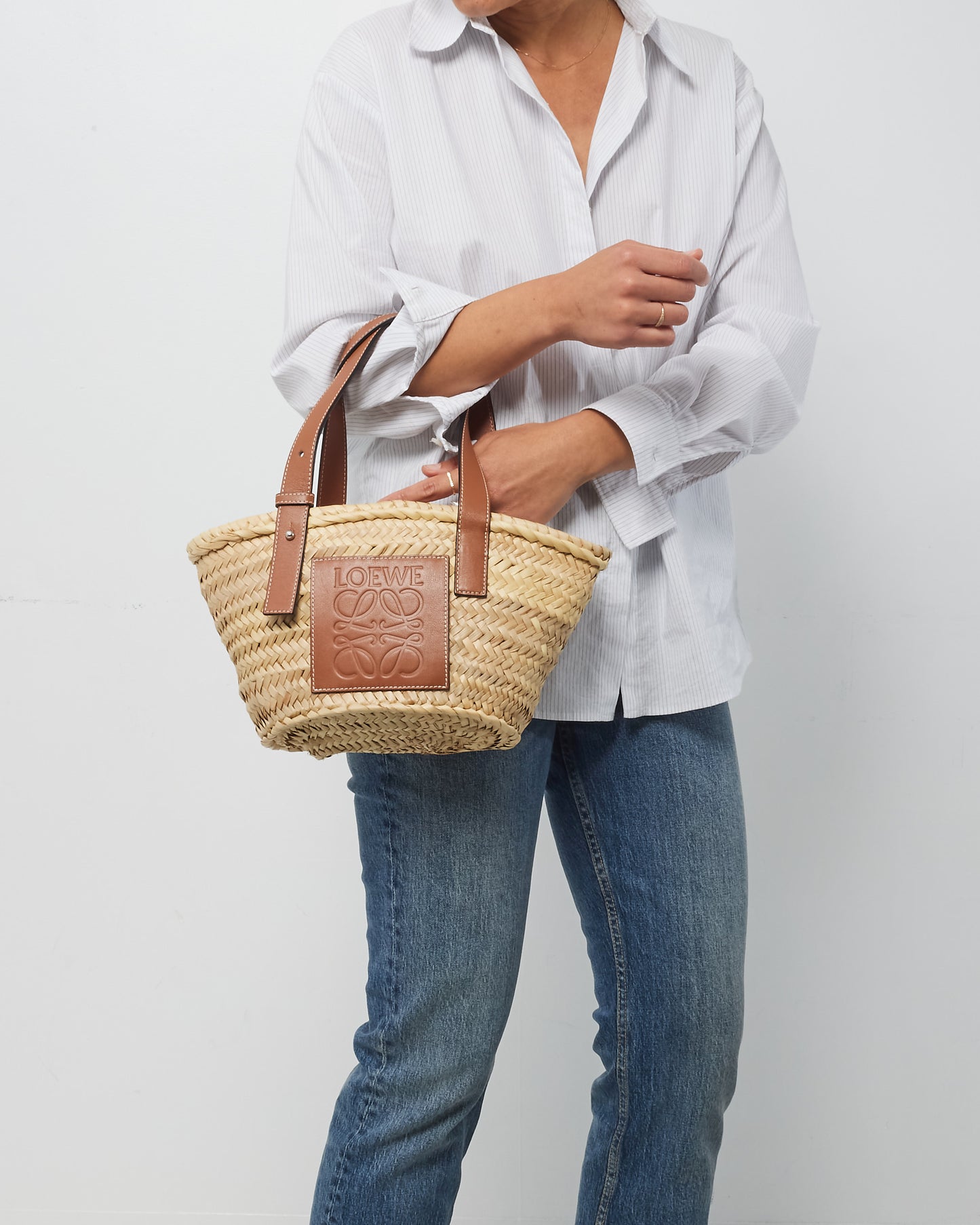 Loewe Tan Calfskin Palm Leaf Small Basket Bag