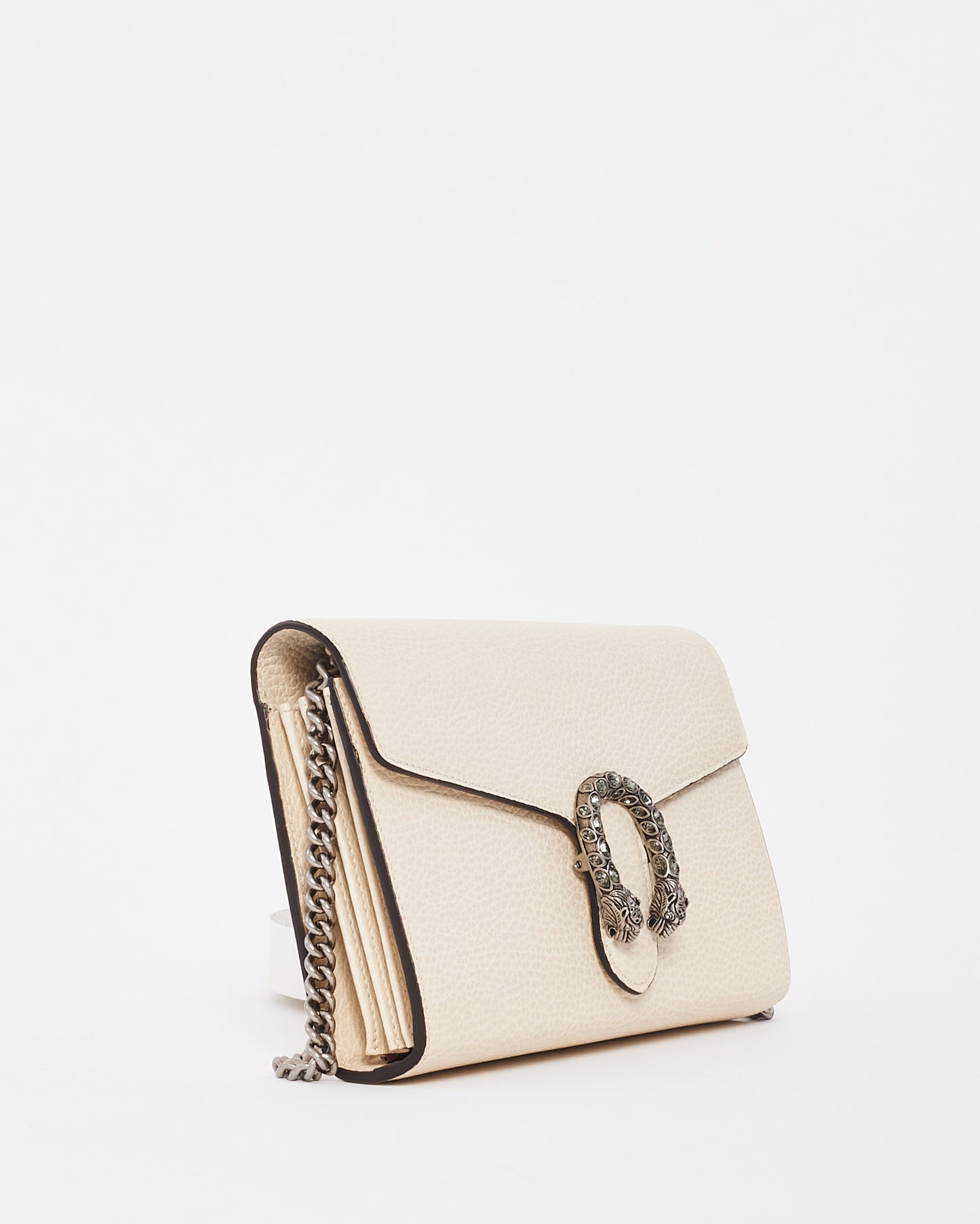 Portefeuille à mini chaîne Dionysus en cuir grainé blanc cassé Gucci