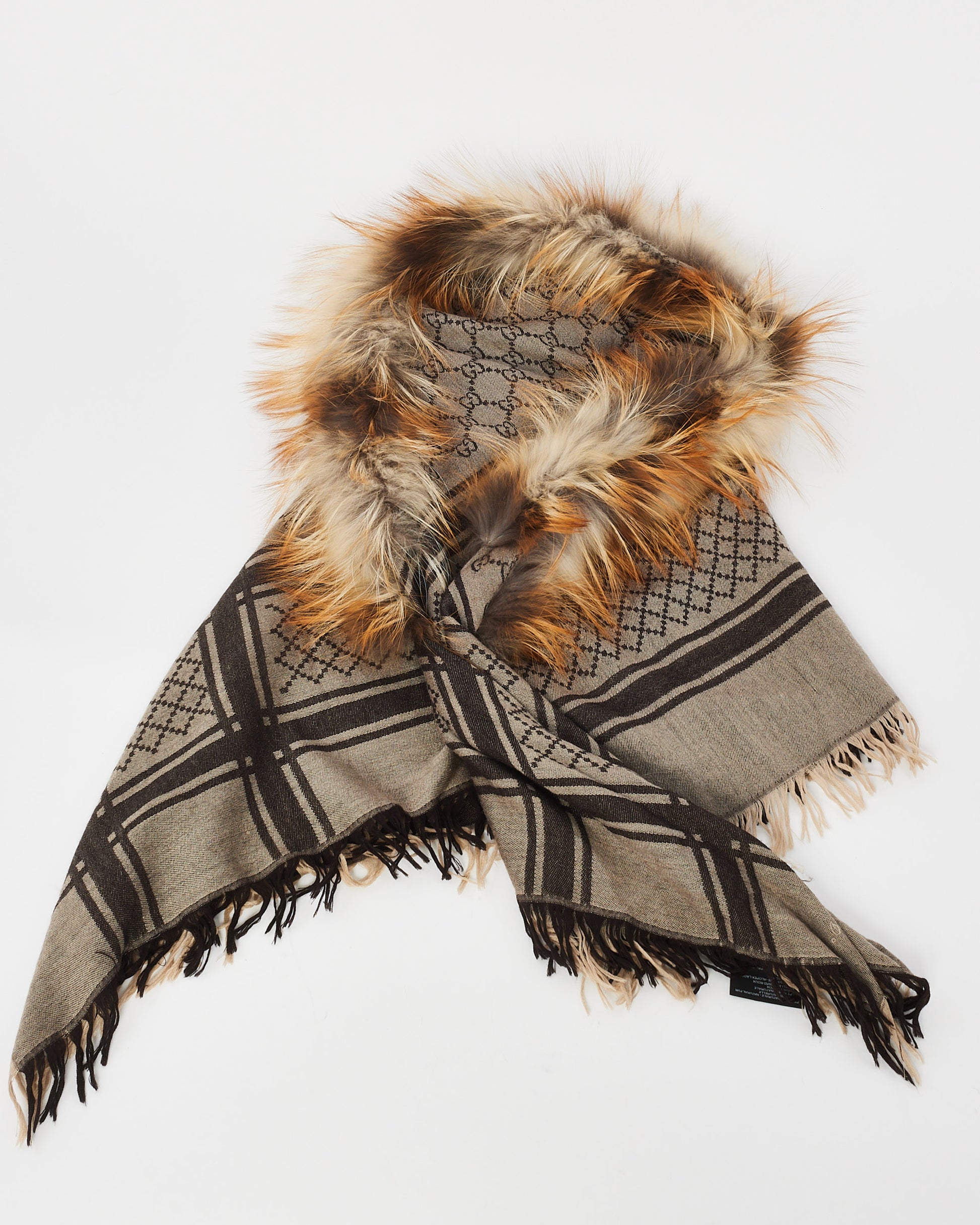 Gucci - GG Silk & Wool Fox Fur Trim Scarf Brown