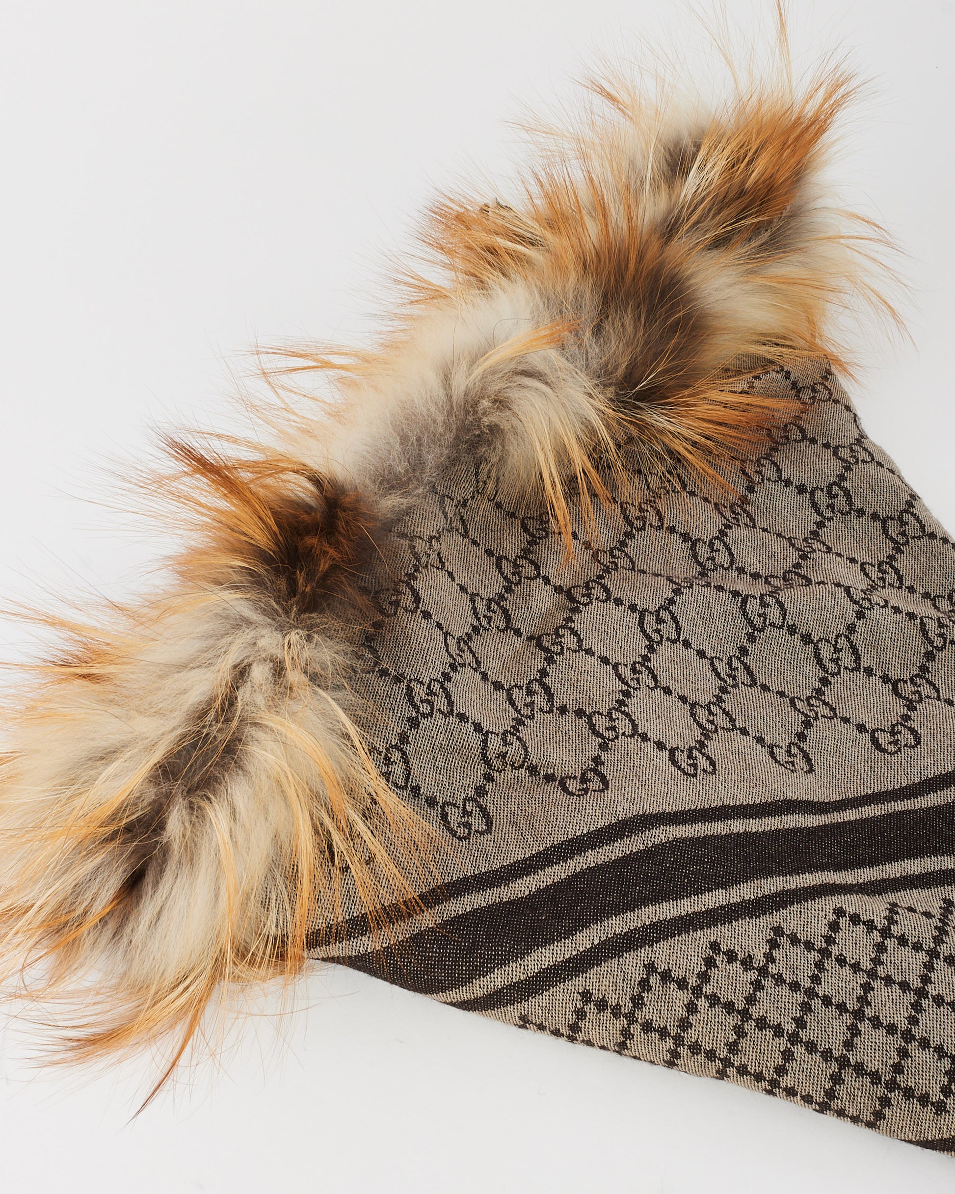 Gucci - GG Silk & Wool Fox Fur Trim Scarf Brown