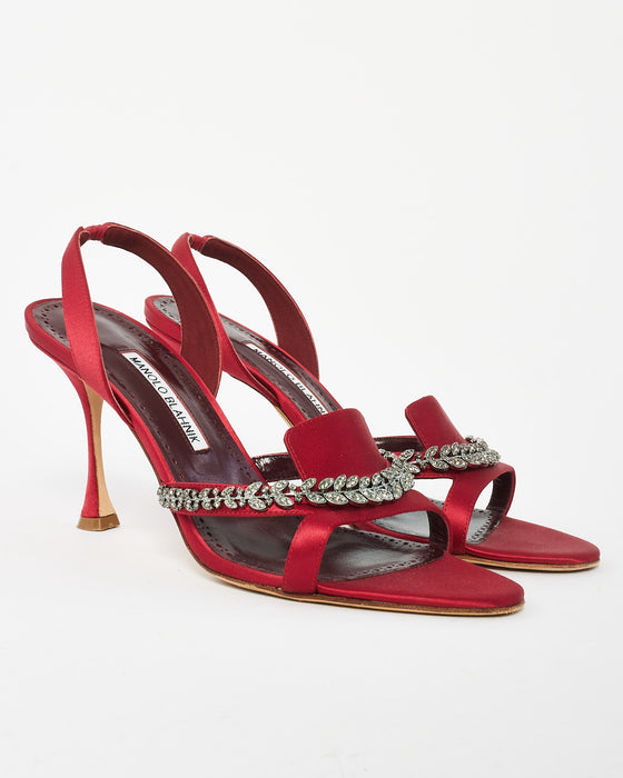 Manolo Blahnik Red Satin Triosla Jewelled Heeled Sandals 41