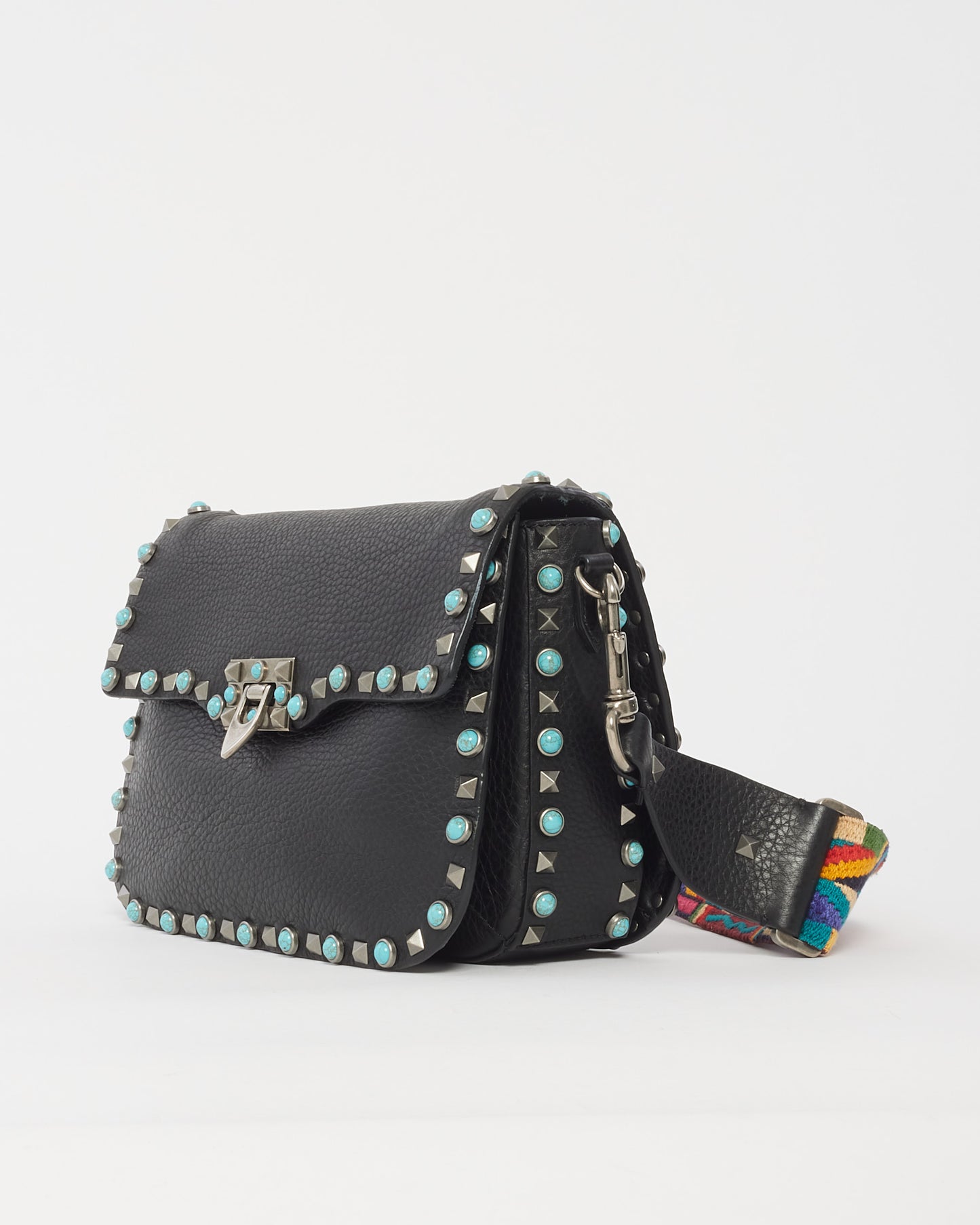 Valentino Black Calfskin Turquoise Guitar Strap Rockstud Medium Rolling Flap Bag