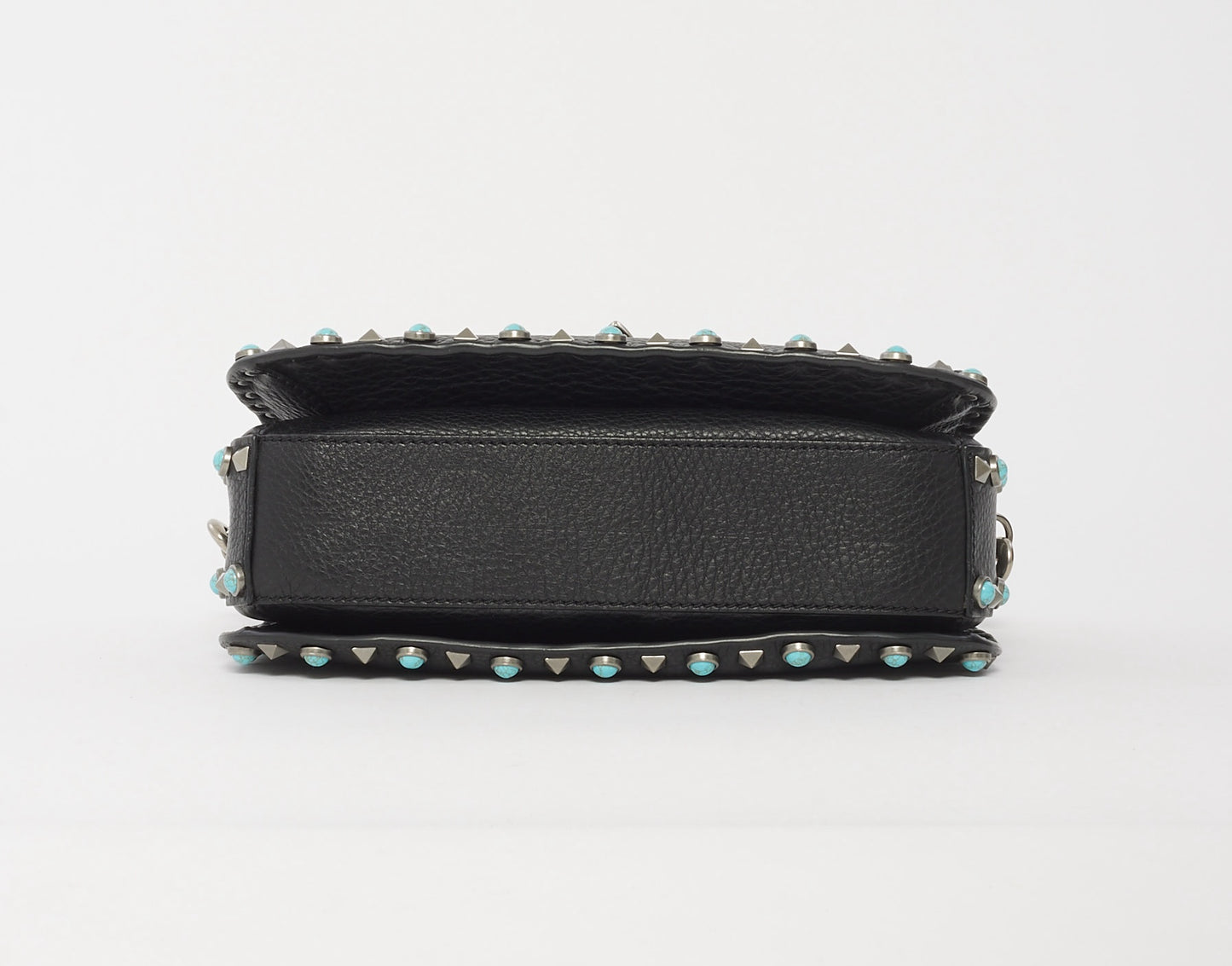 Valentino Black Calfskin Turquoise Guitar Strap Rockstud Medium Rolling Flap Bag