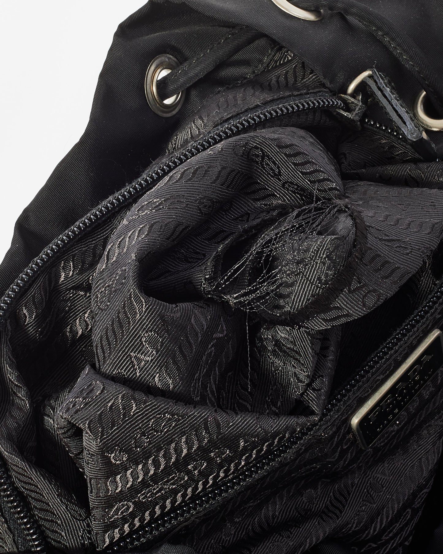 Prada Black Nylon Double Front Pocket Drawstring Backpack