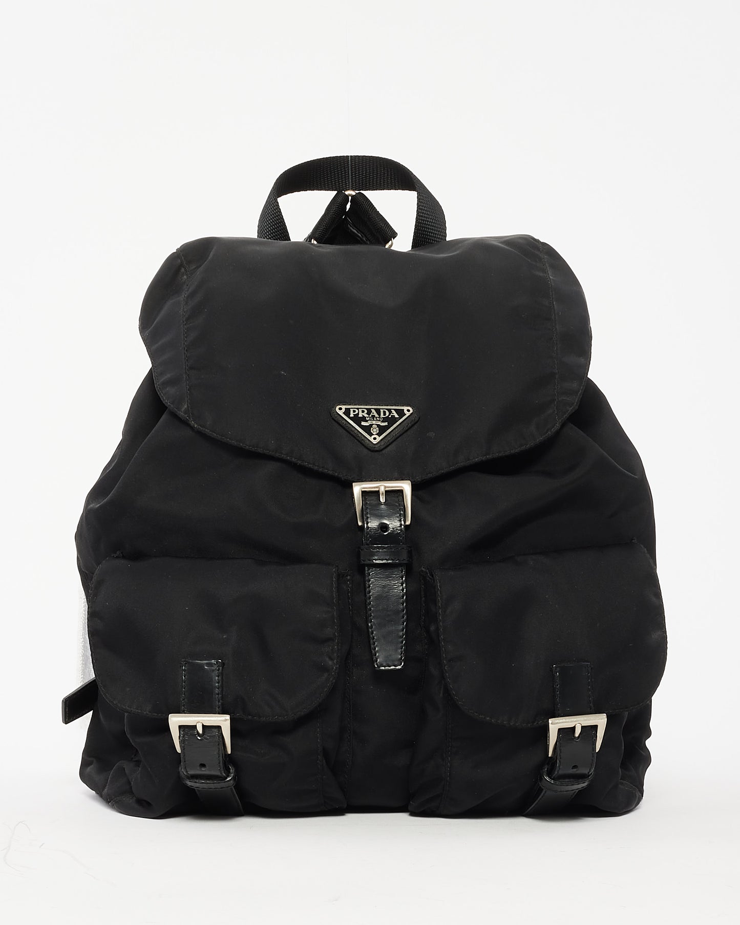 Prada Black Nylon Double Front Pocket Drawstring Backpack