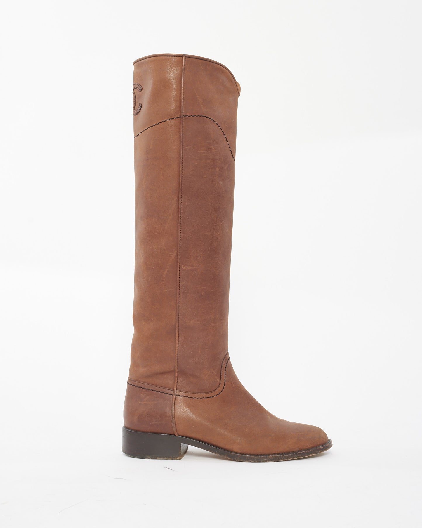 Bottes hautes avec logo en cuir camel Chanel - 37