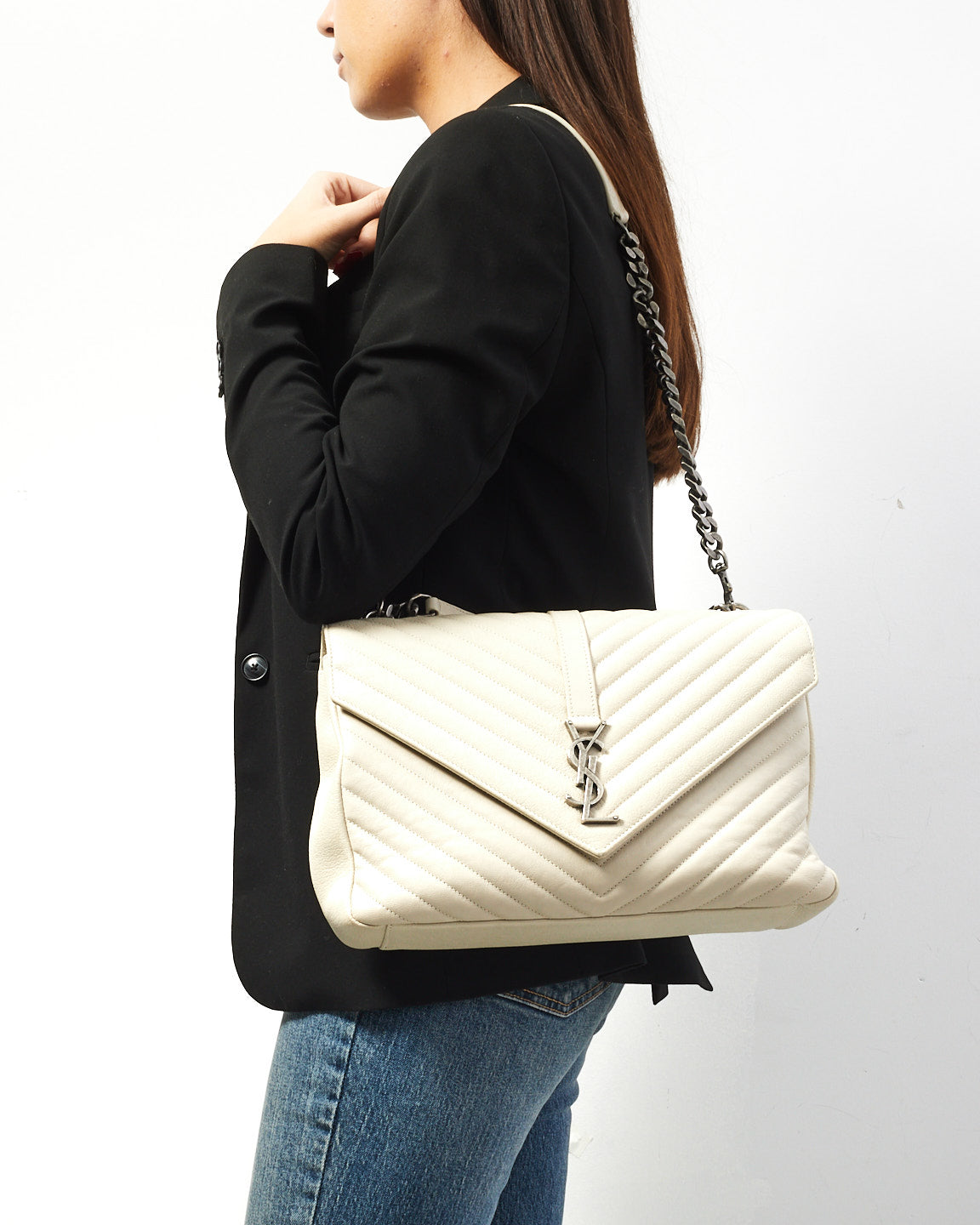 Grand sac universitaire en cuir blanc cassé Saint Laurent