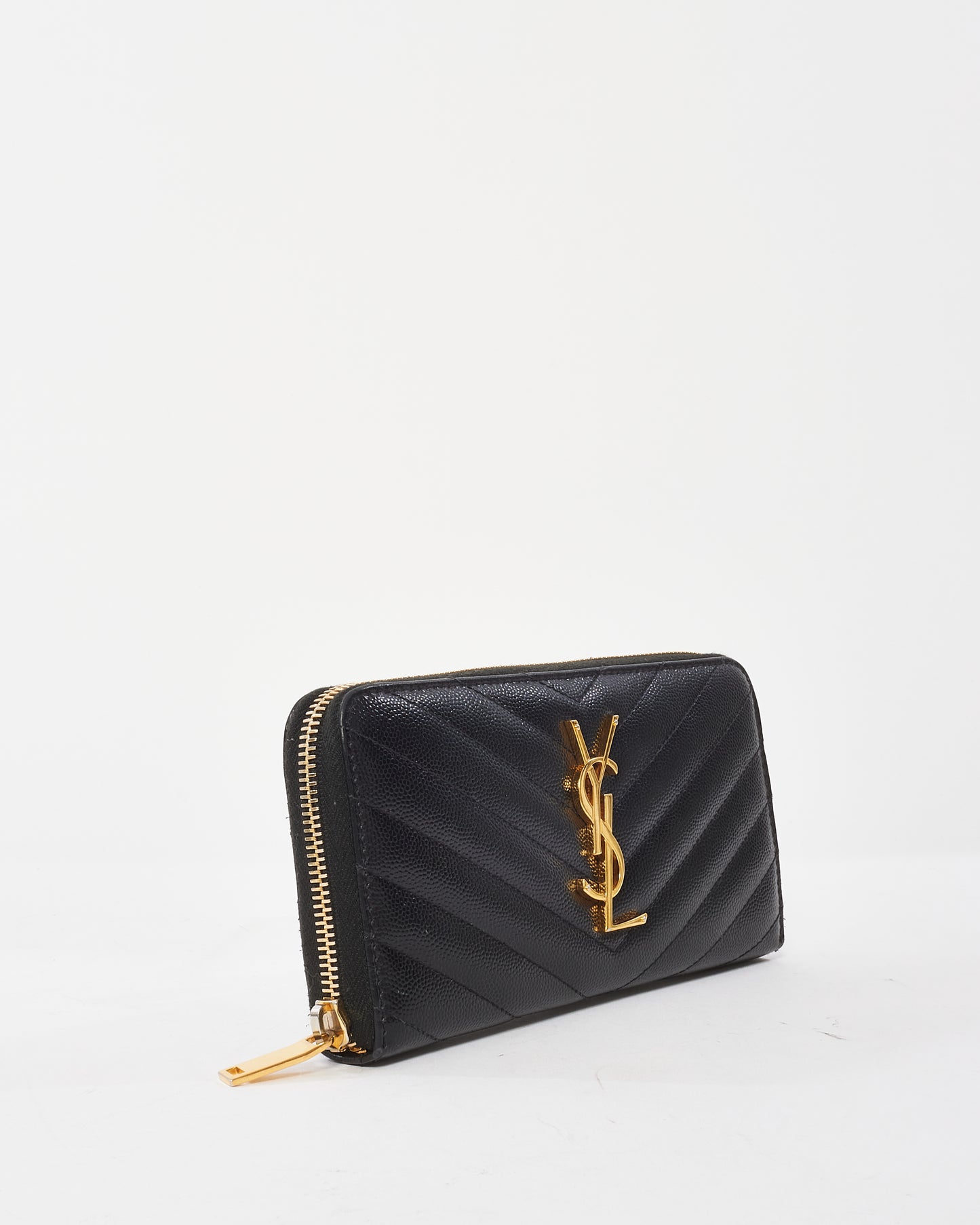 Saint Laurent Black Leather Matelasse Logo Full Zip Long Wallet