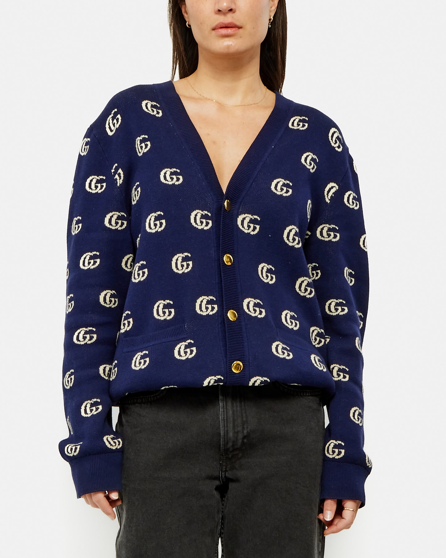 Gucci Navy Blue Wool GG Logo-Intarsia Cardigan - M