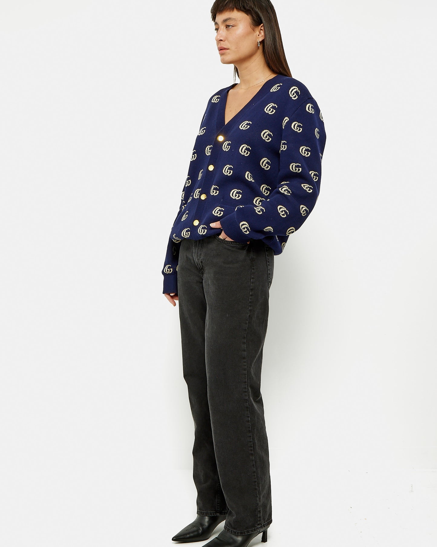 Gucci Navy Blue Wool GG Logo-Intarsia Cardigan - M