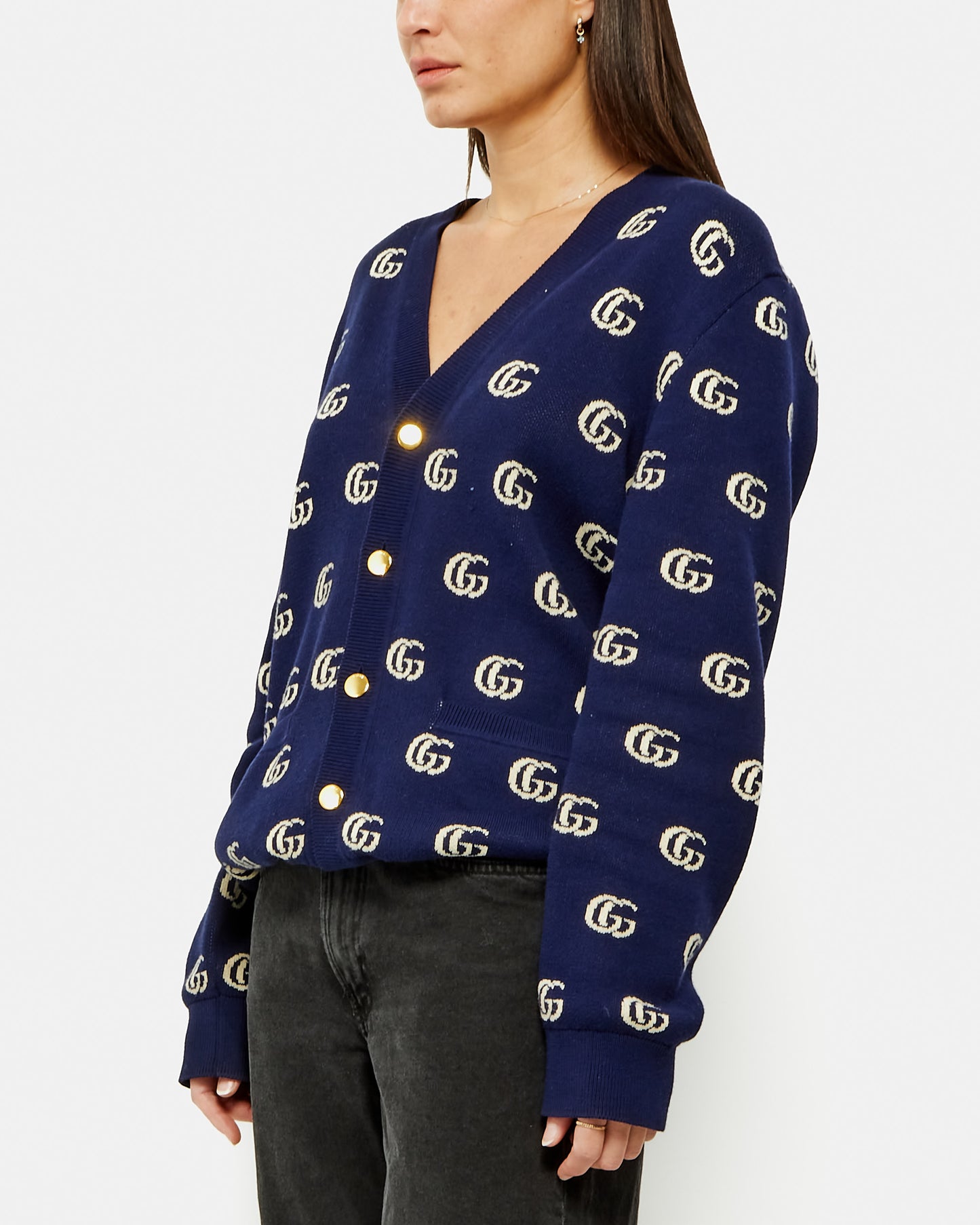 Gucci Navy Blue Wool GG Logo-Intarsia Cardigan - M