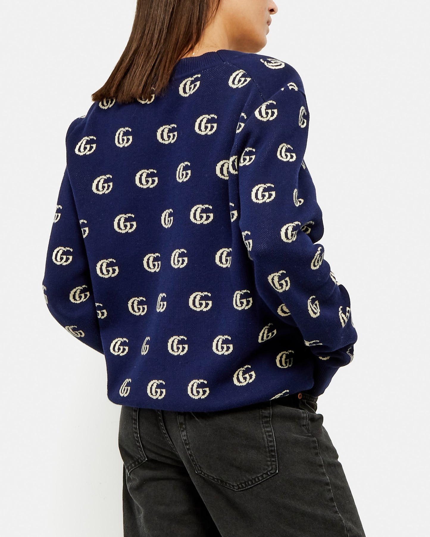 Gucci Navy Blue Wool GG Logo-Intarsia Cardigan - M