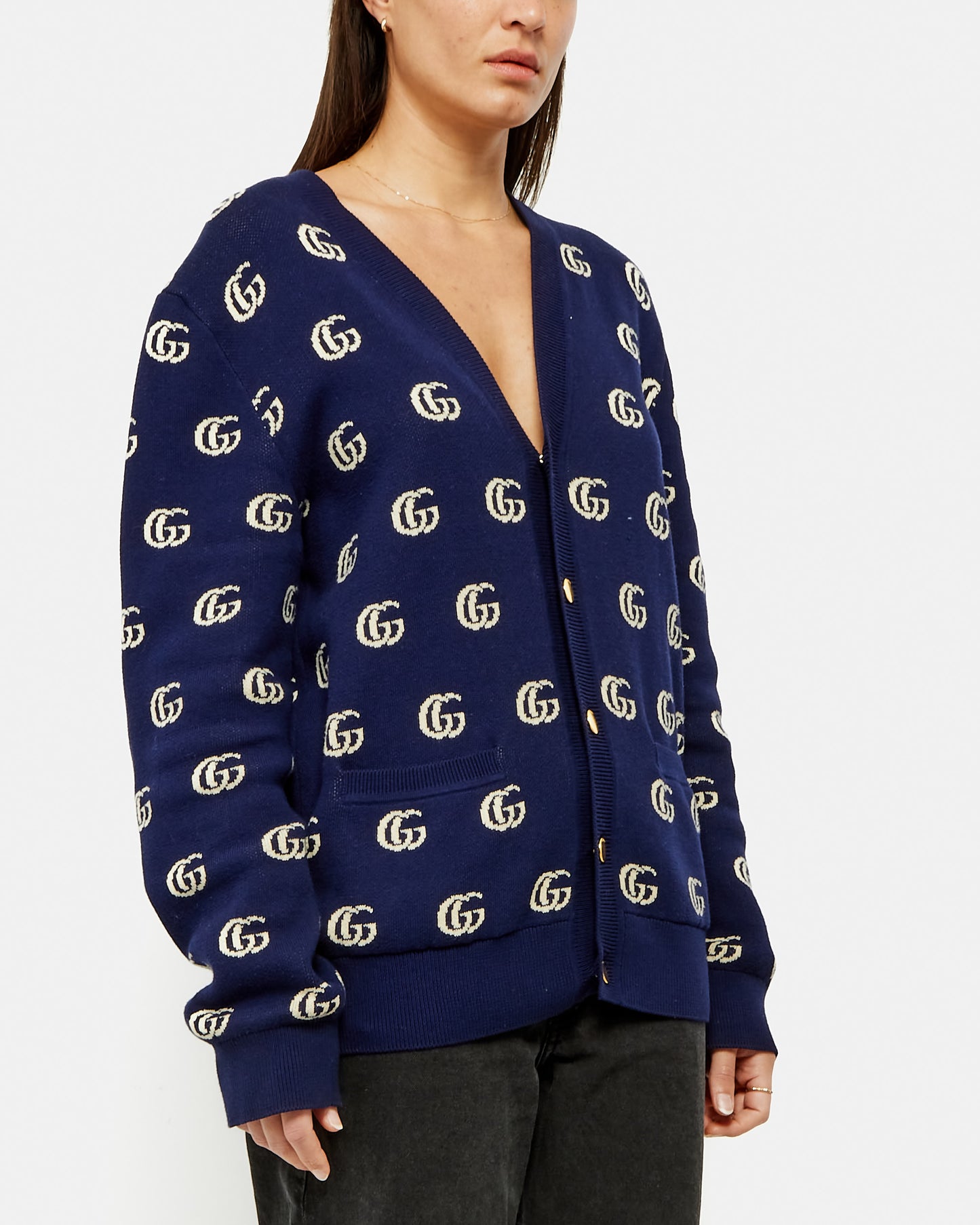 Gucci Navy Blue Wool GG Logo-Intarsia Cardigan - M