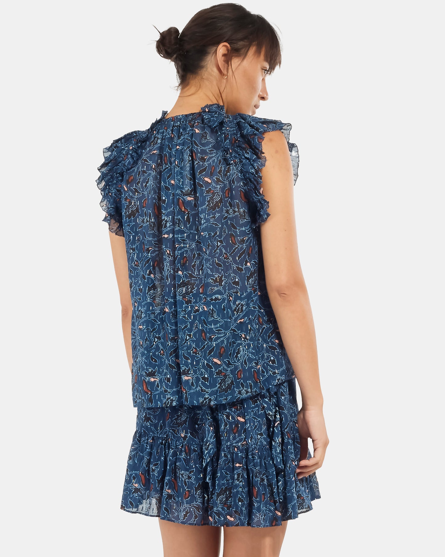 Ulla Johnson Blue Printed Sheer Ruffle Sleeveless Top - 0