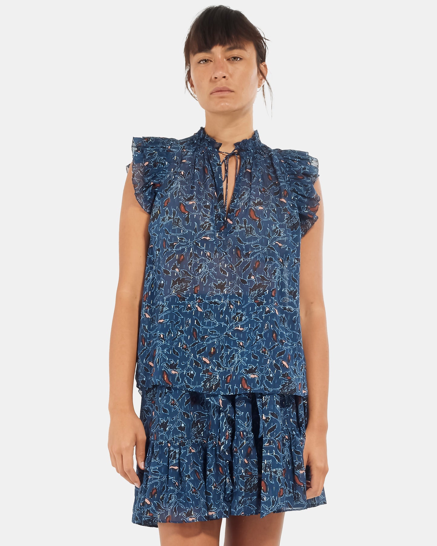 Ulla Johnson Blue Printed Sheer Ruffle Sleeveless Top - 0