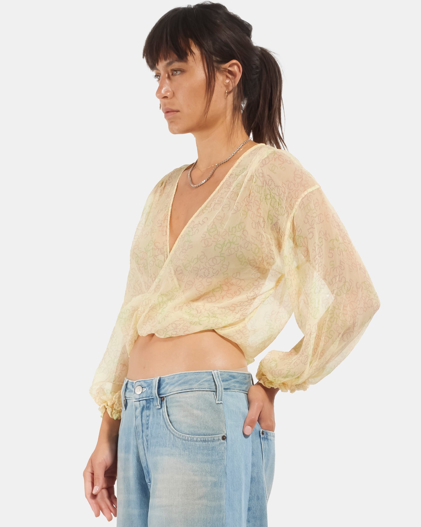 Chanel Yellow Silk CC Logo Wrap Top - 44