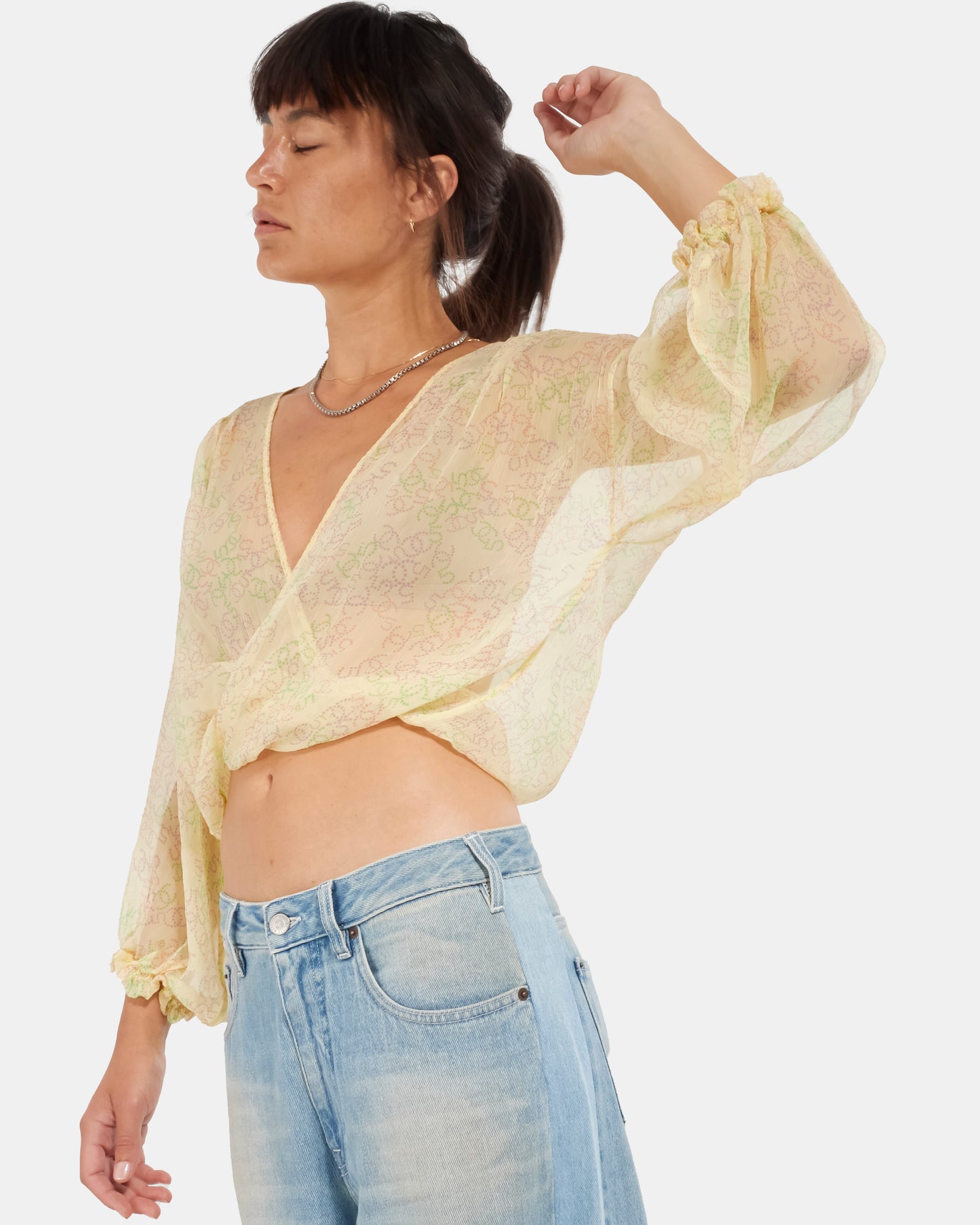 Chanel Yellow Silk CC Logo Wrap Top - 44