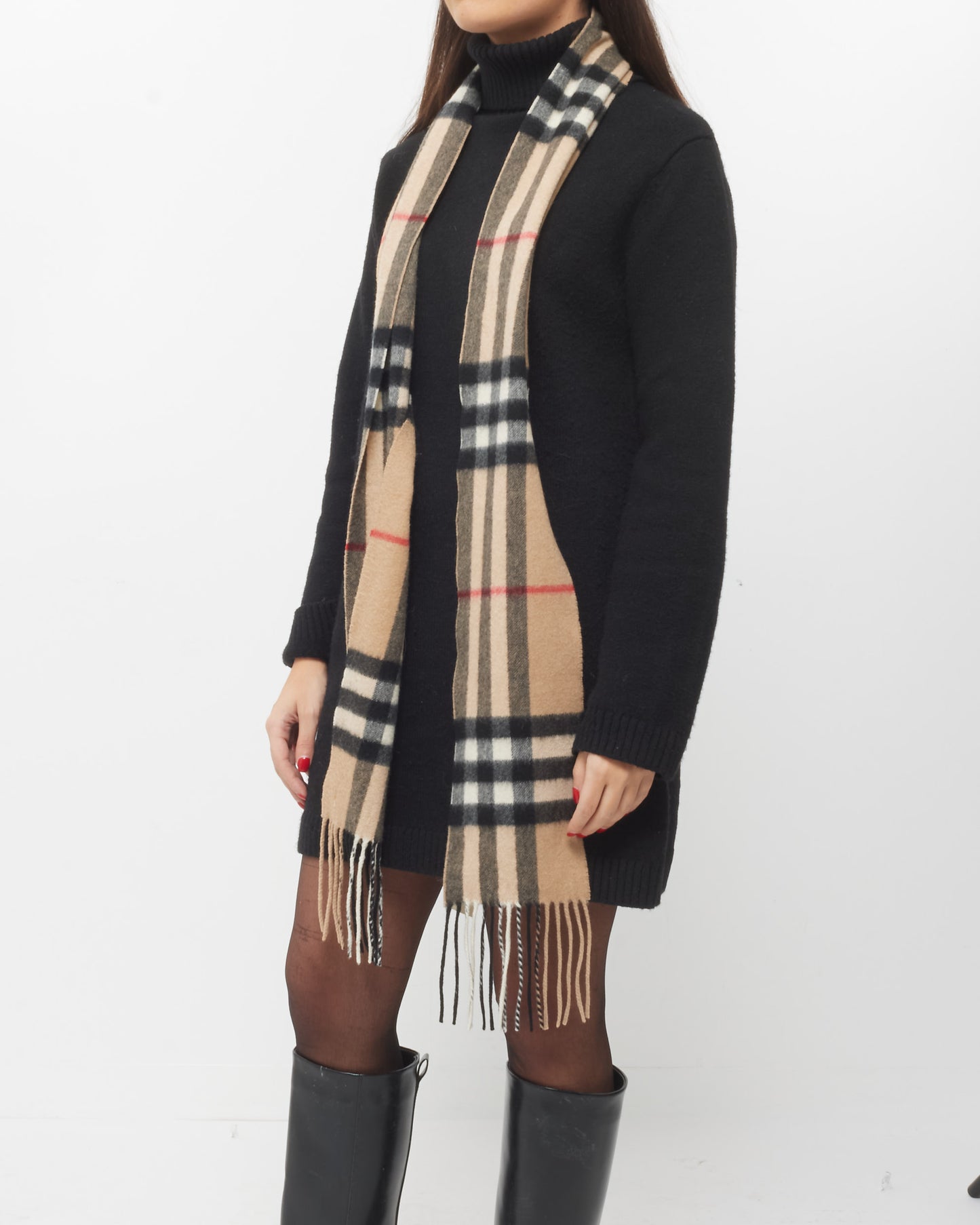 Burberry Beige Plaid Fringe Cashmere Scarf