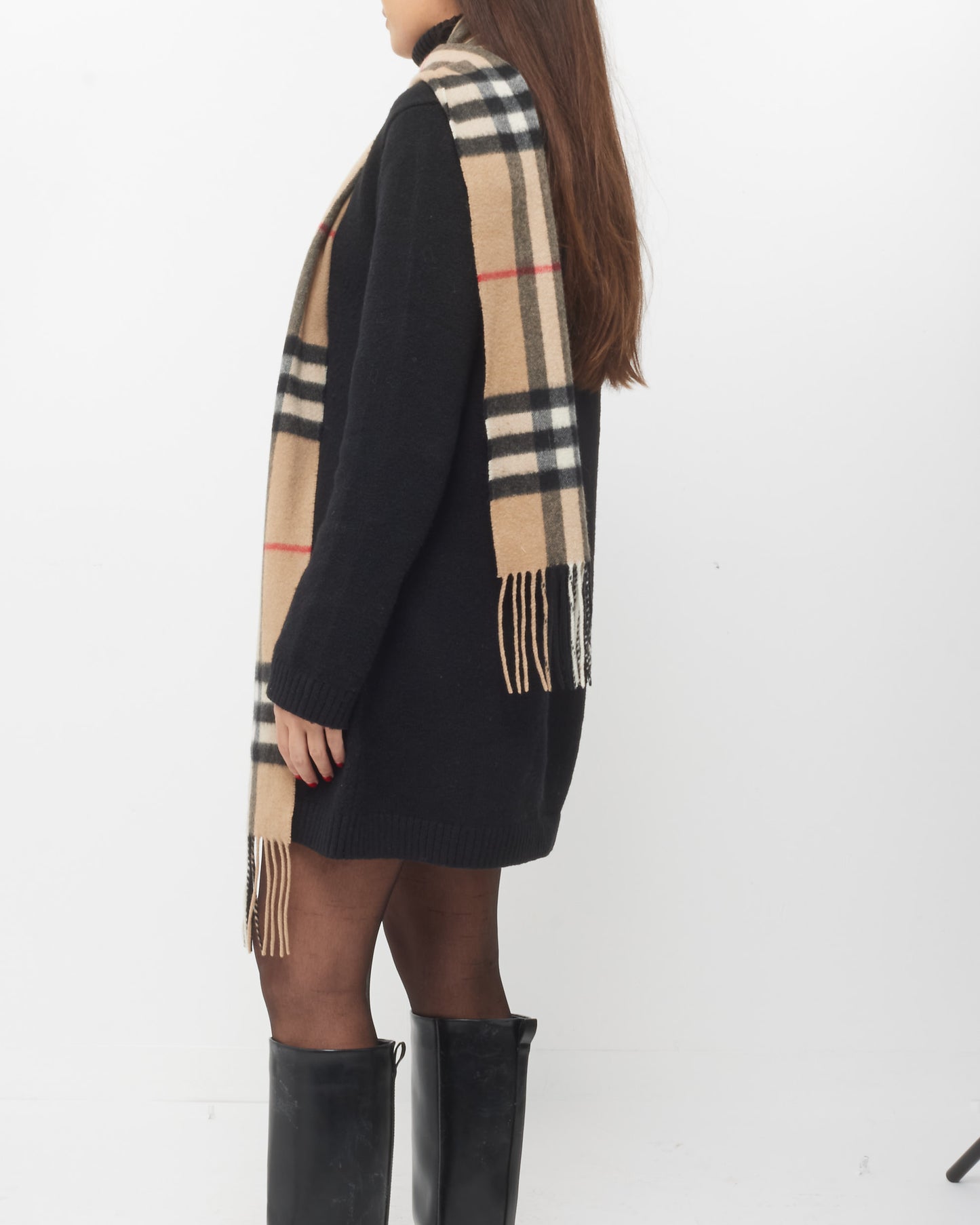 Burberry Beige Plaid Fringe Cashmere Scarf