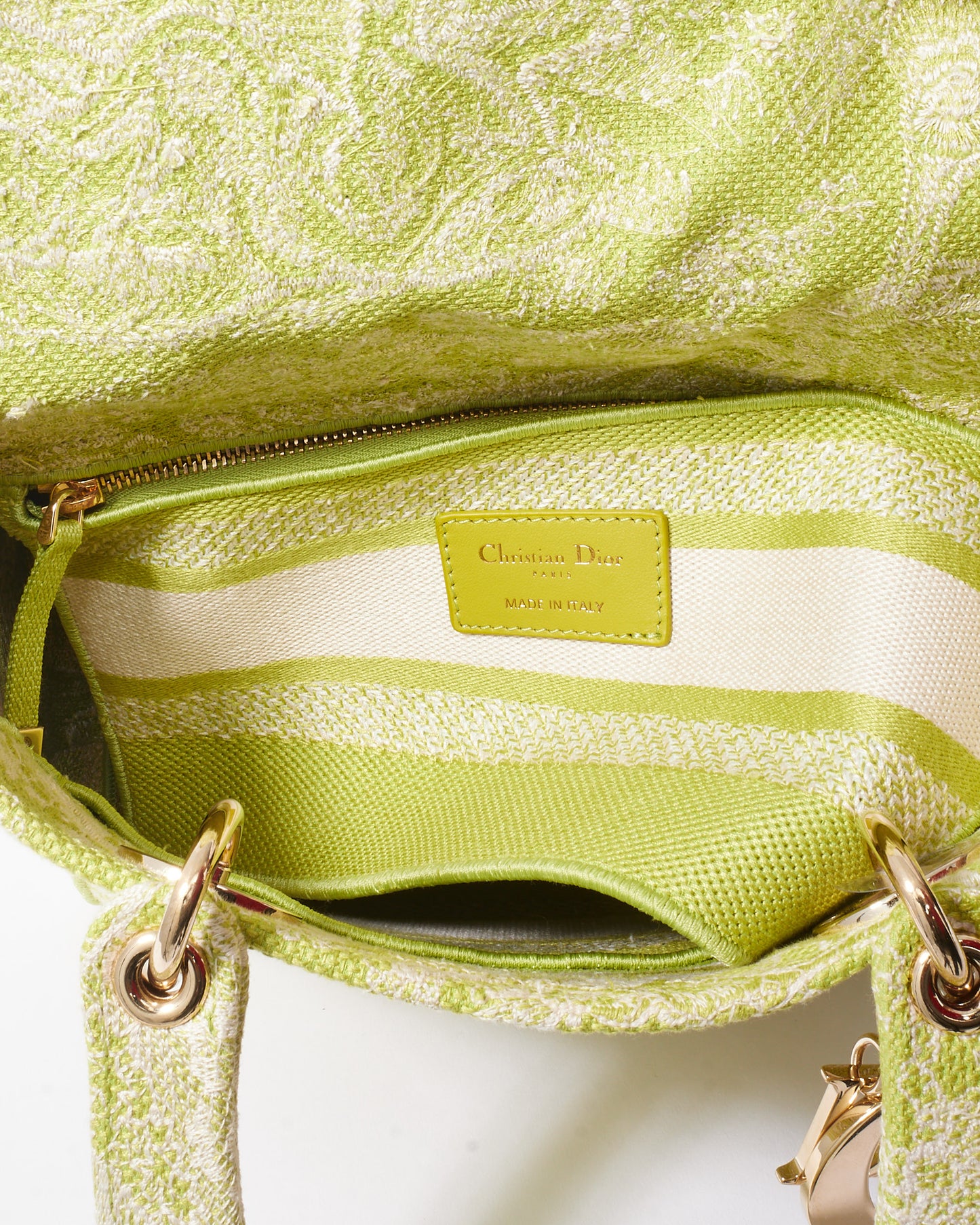 Dior Lime Green Toile De Jouy Embroidered Canvas Medium Lady D-Lite Bag