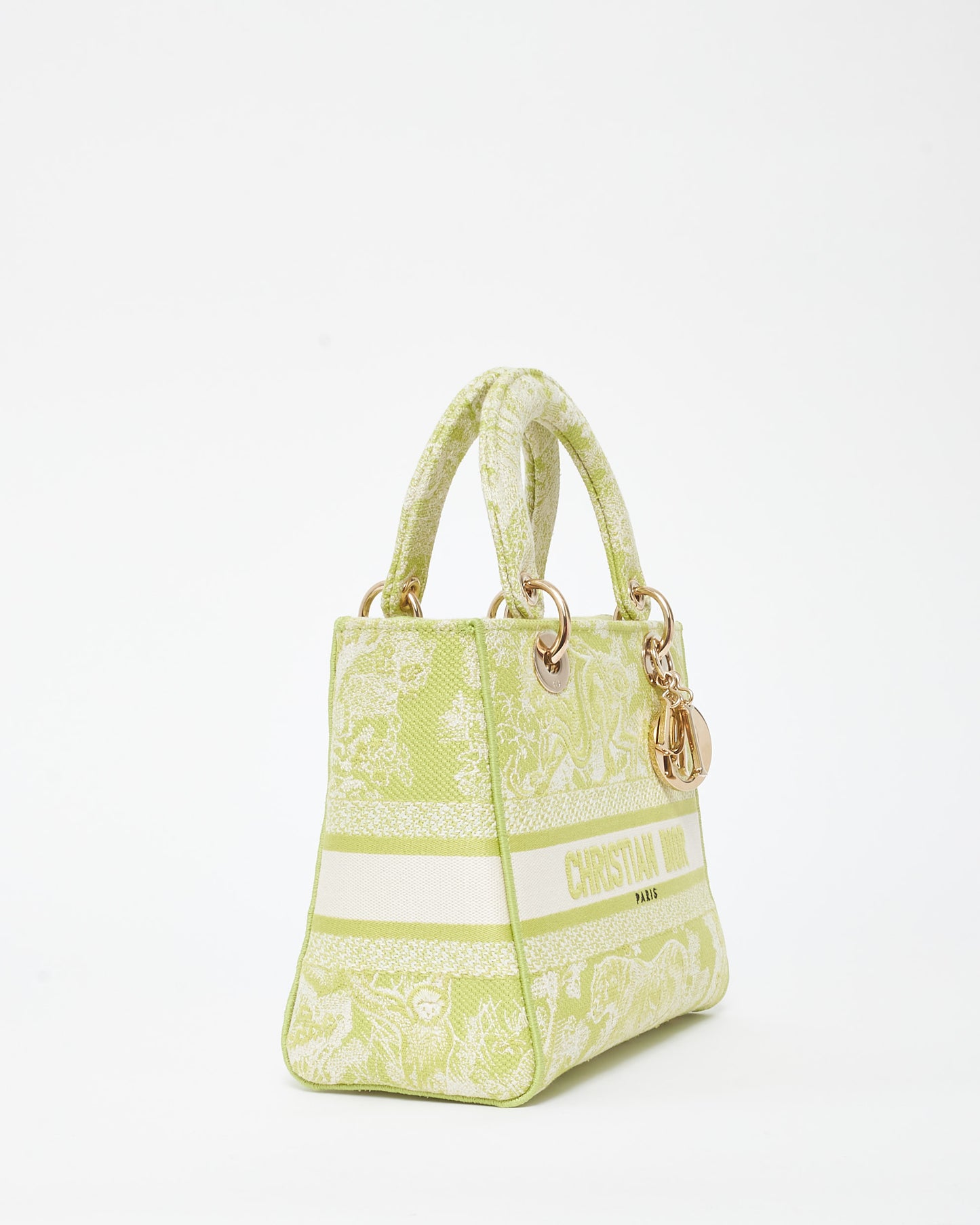 Dior Lime Green Toile De Jouy Embroidered Canvas Medium Lady D-Lite Bag