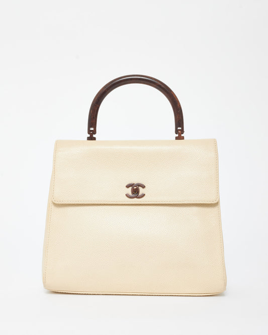 Chanel Vintage Cream Caviar Leather & Wood Kelly Bag