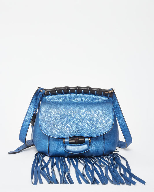 Gucci Metallic Blue Leather Fringe & Bamboo Crossbody Bag